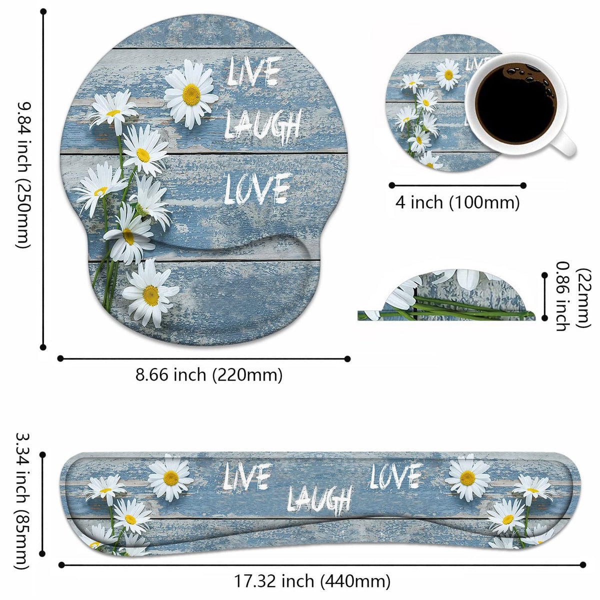 Keyboard Wrist Rest + Mouse Pad Wrist Support Set with Coasters, Dreamy Daisy Vintage Wood Board