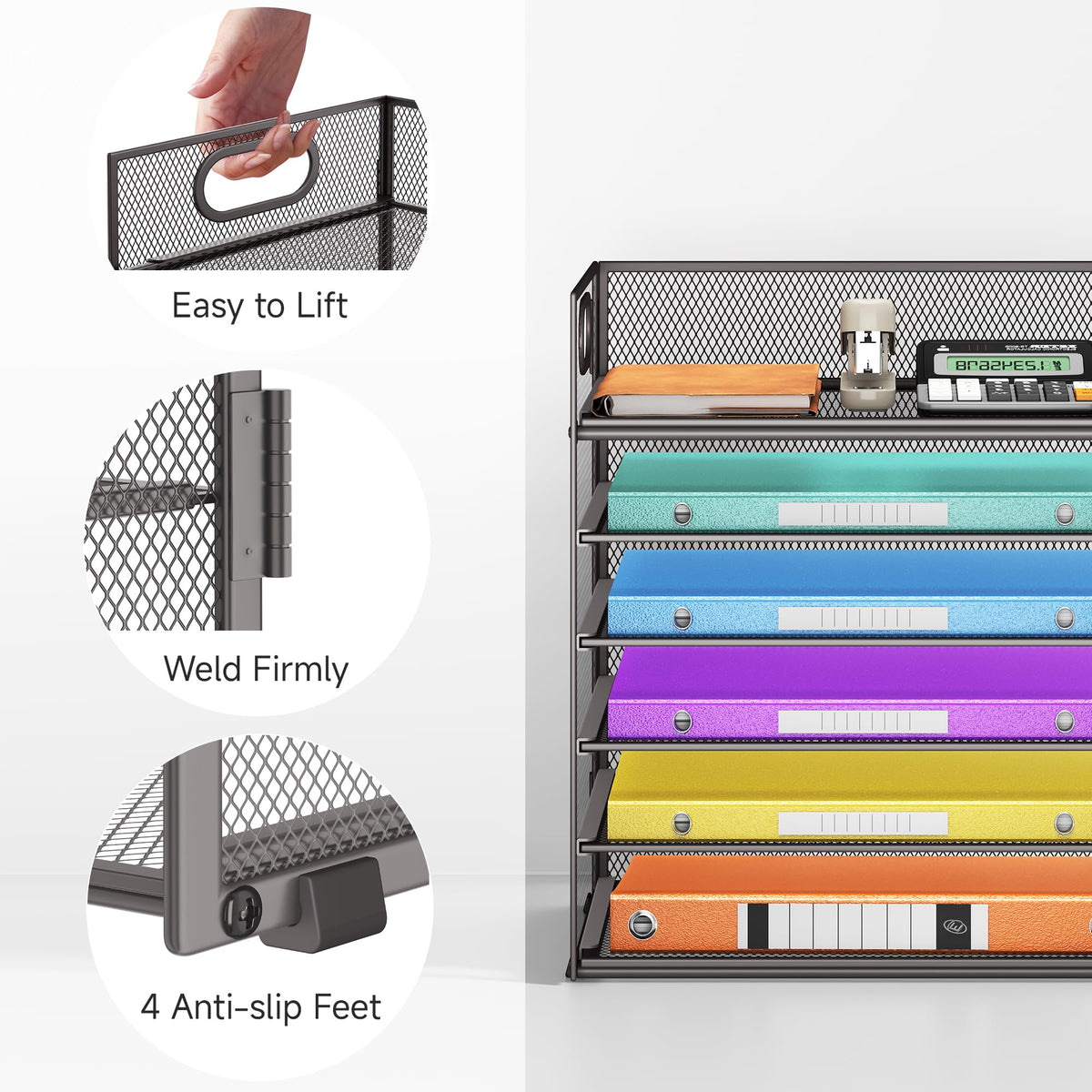 6 Tiers Letter Tray Paper Organizer With Handle, Mesh Desk File Organizer, Metal Desktop Document