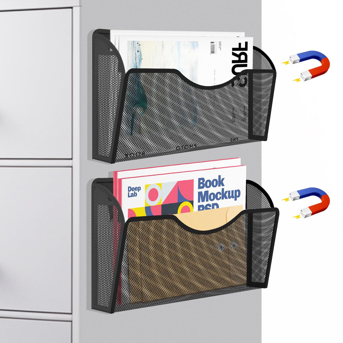 LQPAFZ Magnetic File Holder 2 Pockets File Folder Organizer, Office Hanging Magazine Rack for