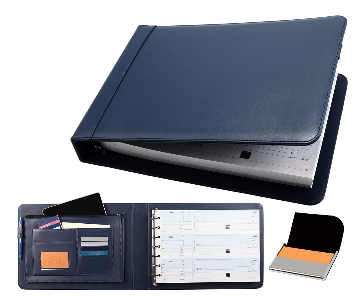 2Fold Business Check Binder 7 Ring for 3-Up Business Size Checks with Extra Business Card Case - PU