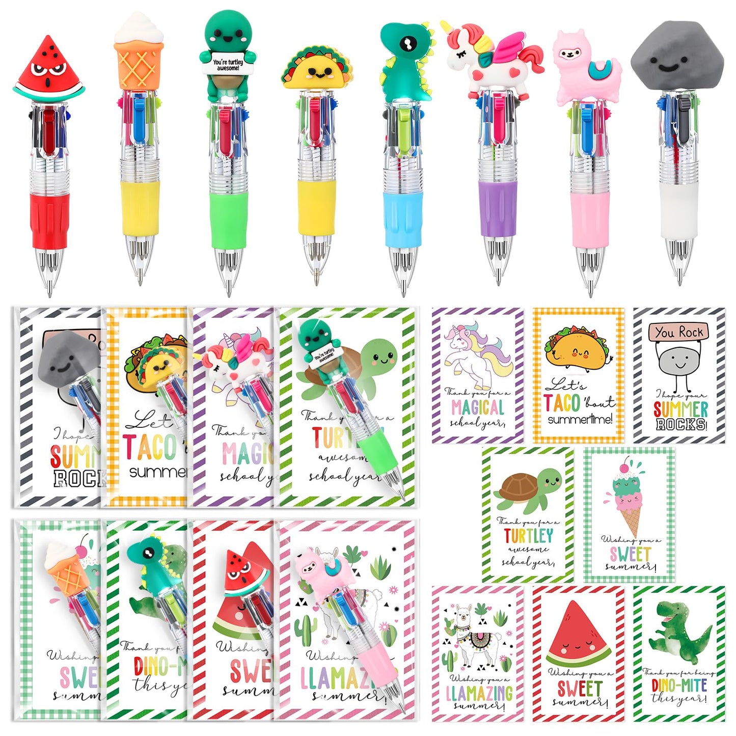 Sayglossy 24 Sets 4-in-1 Multicolor Pens Bulk with Positive Animal Cards