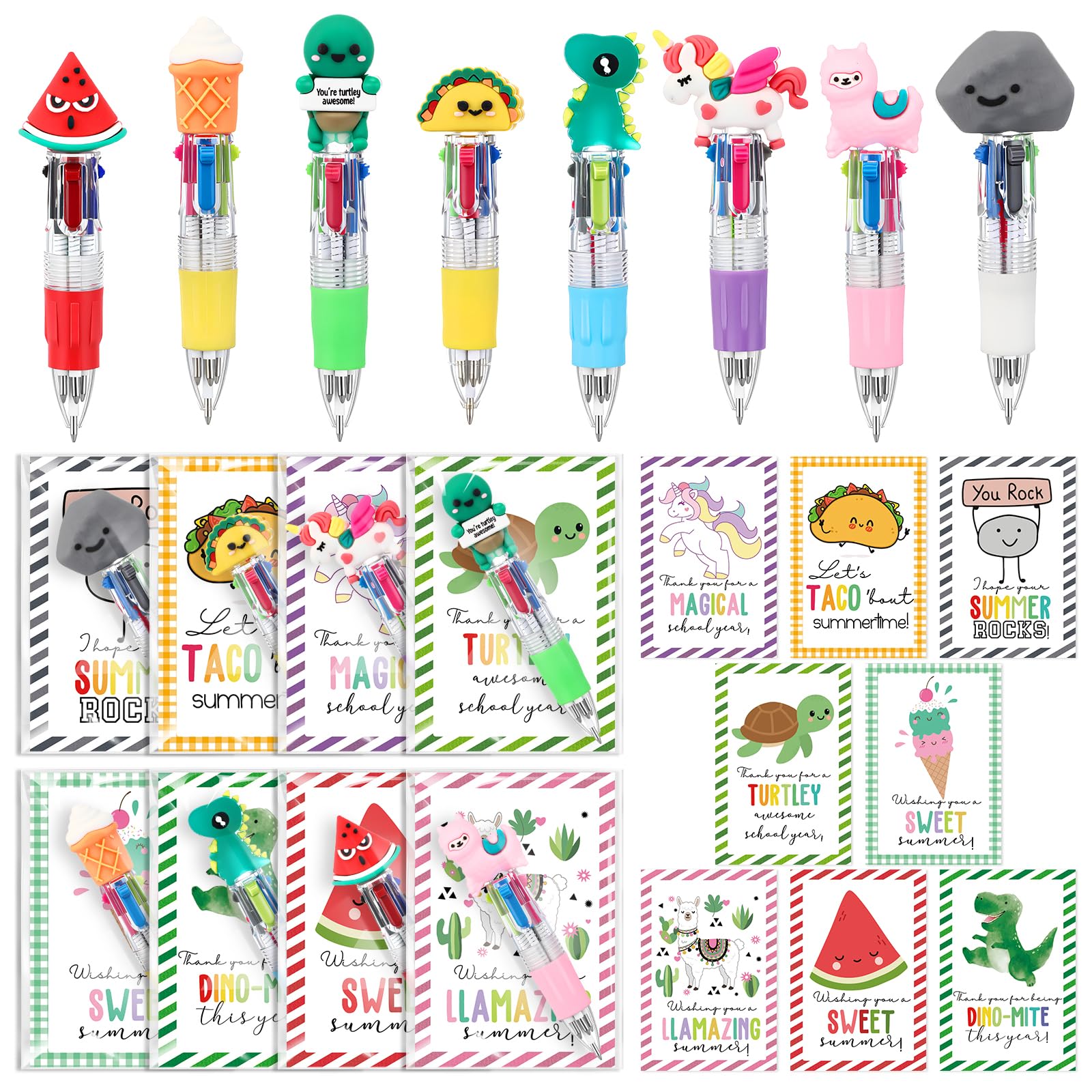 Sayglossy 24 Sets 4-in-1 Multicolor Pens Bulk with Positive Animal Cards