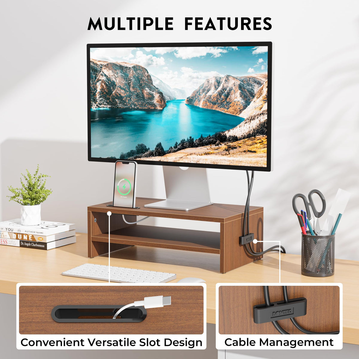 BONTEC Wooden Monitor Stand Riser for Desk, 2-Tier Computer Monitor Stand