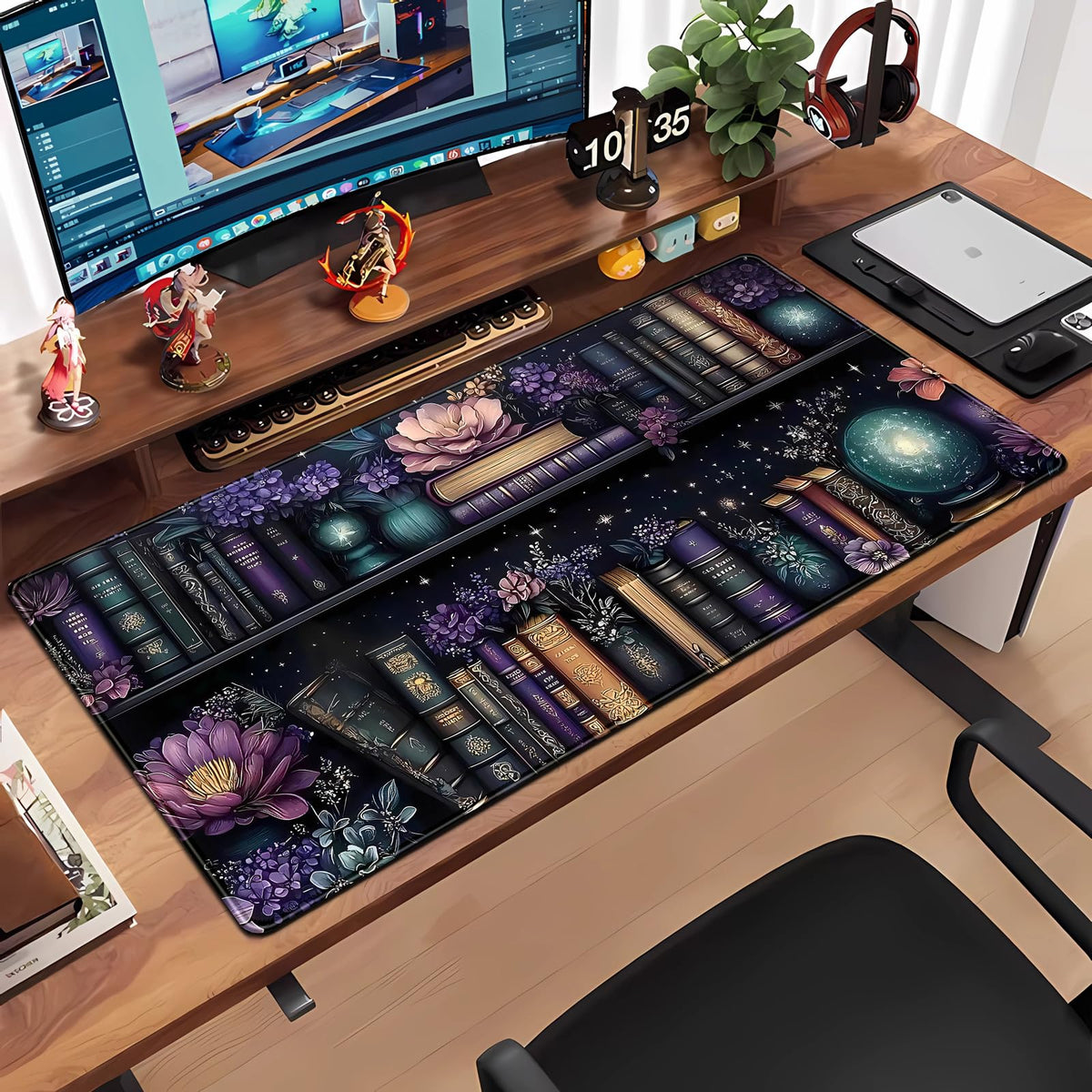 Purple Flowers Bookshelf Desk Mat Bookish Desk Pad Celestial Floral Books Large Mouse Pad XXL