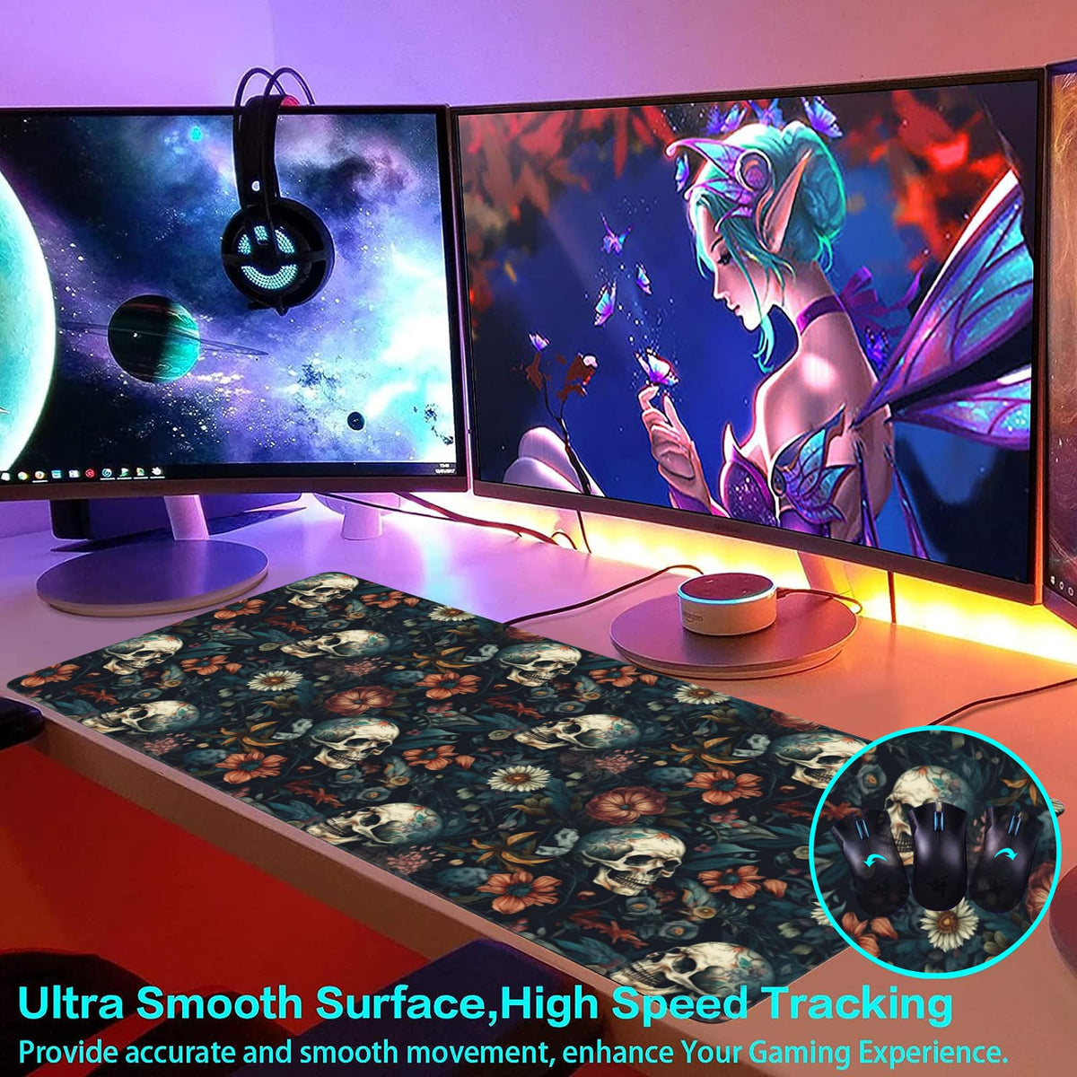 Desk Mat,Skulls with Flowers Large Gaming Mouse Pad for Desk XXL,Skull Floral Desk Pad for