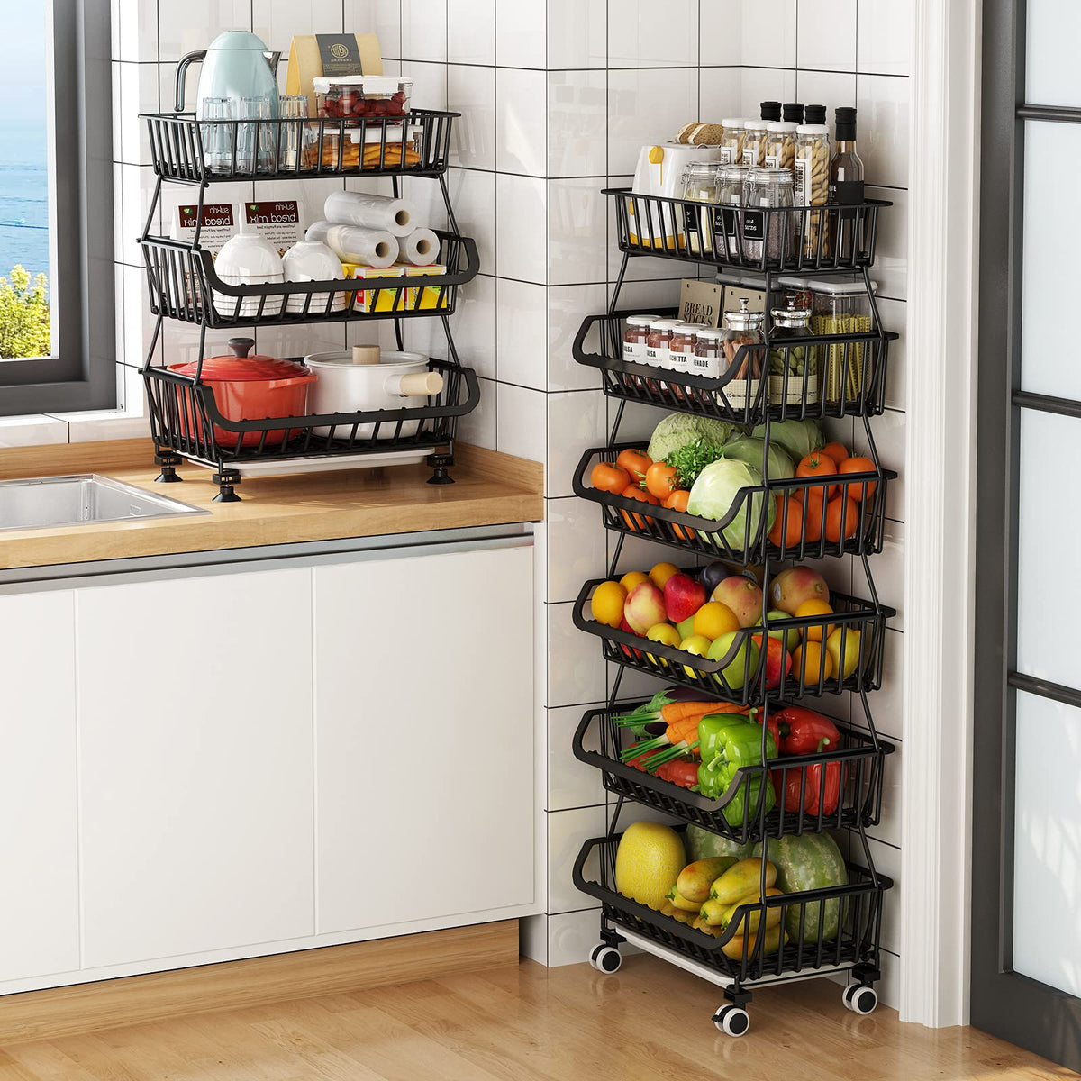 KOLENSA Metal Wire Baskets with Wheels, Stackable Storage Bins Kitchen Organizer Shelf 3-4-5-6 Tier