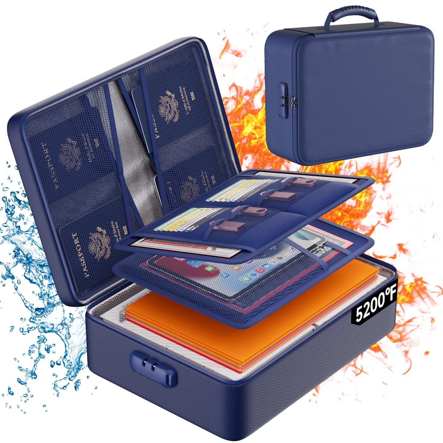 DocSafe 5200°F Fireproof Document Organizer Box with Lock, Blue (Soft)