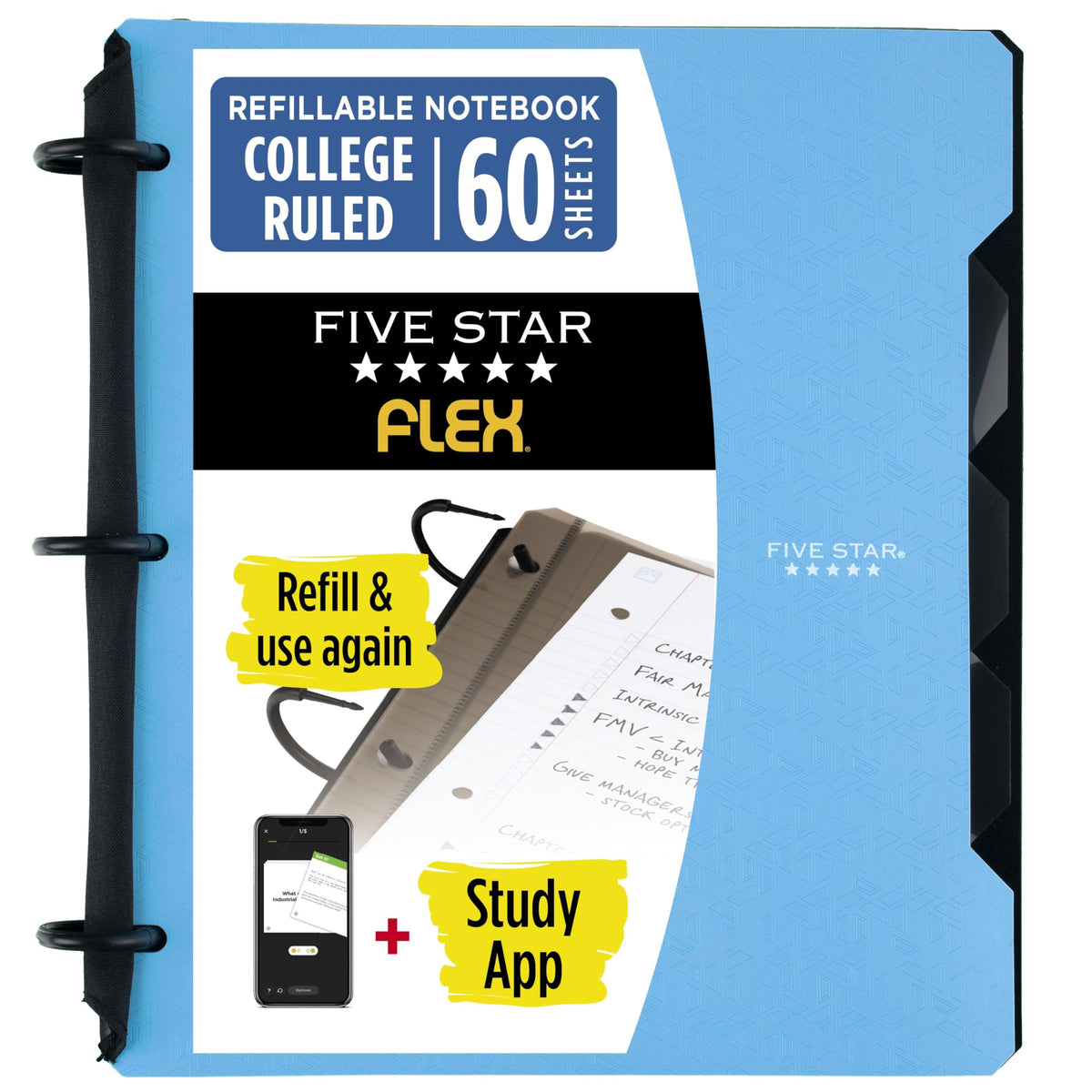 Five Star Flex Refillable Notebook + Study App, College Ruled Paper and 1 Inch TechLock Ring Binder