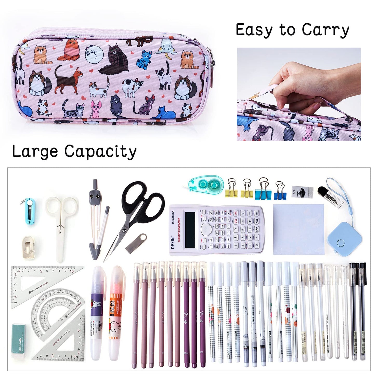 LParkin Cute Cat Pencil Case Super Large Capacity 3 Compartments Canvas Pencil Box Kawaii Makeup