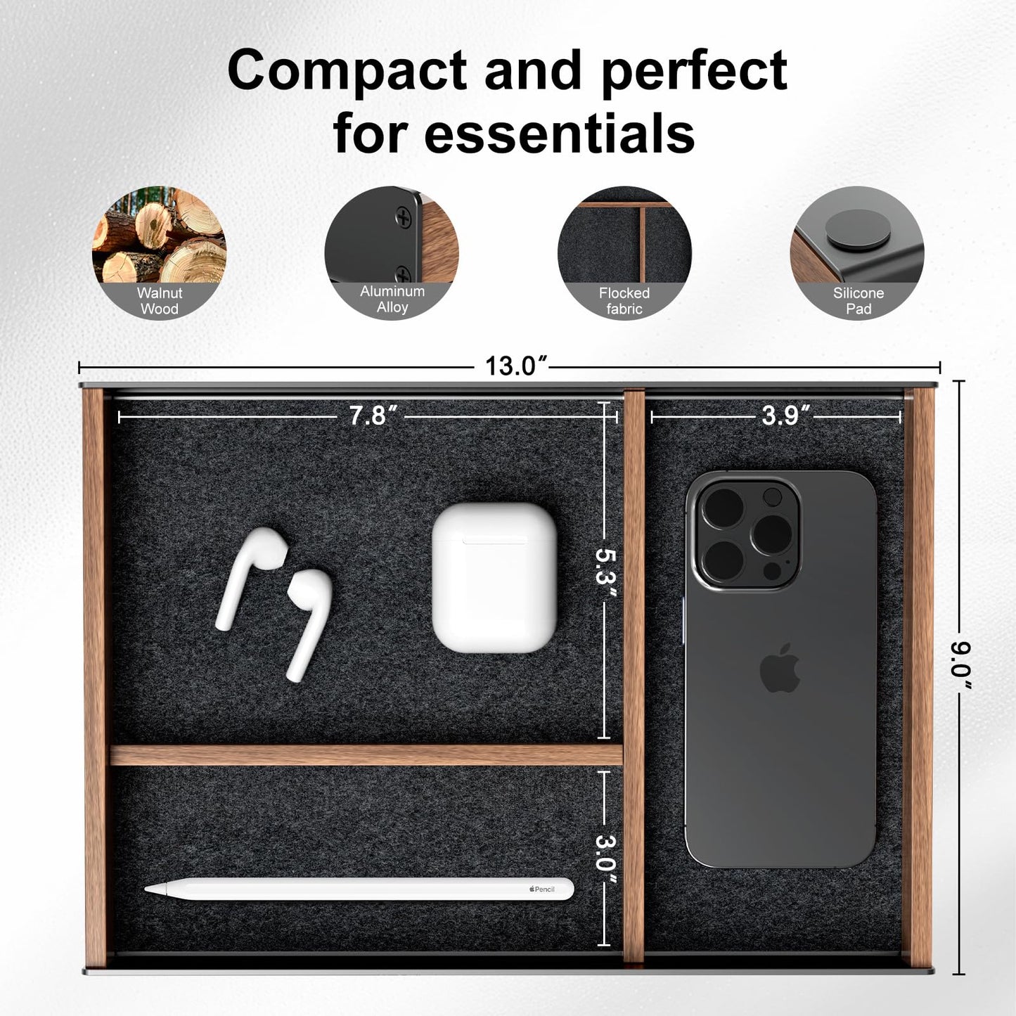 UPERGO Walnut & Aluminum Valet Tray, Desk Drawer Organizer Tray for Desk