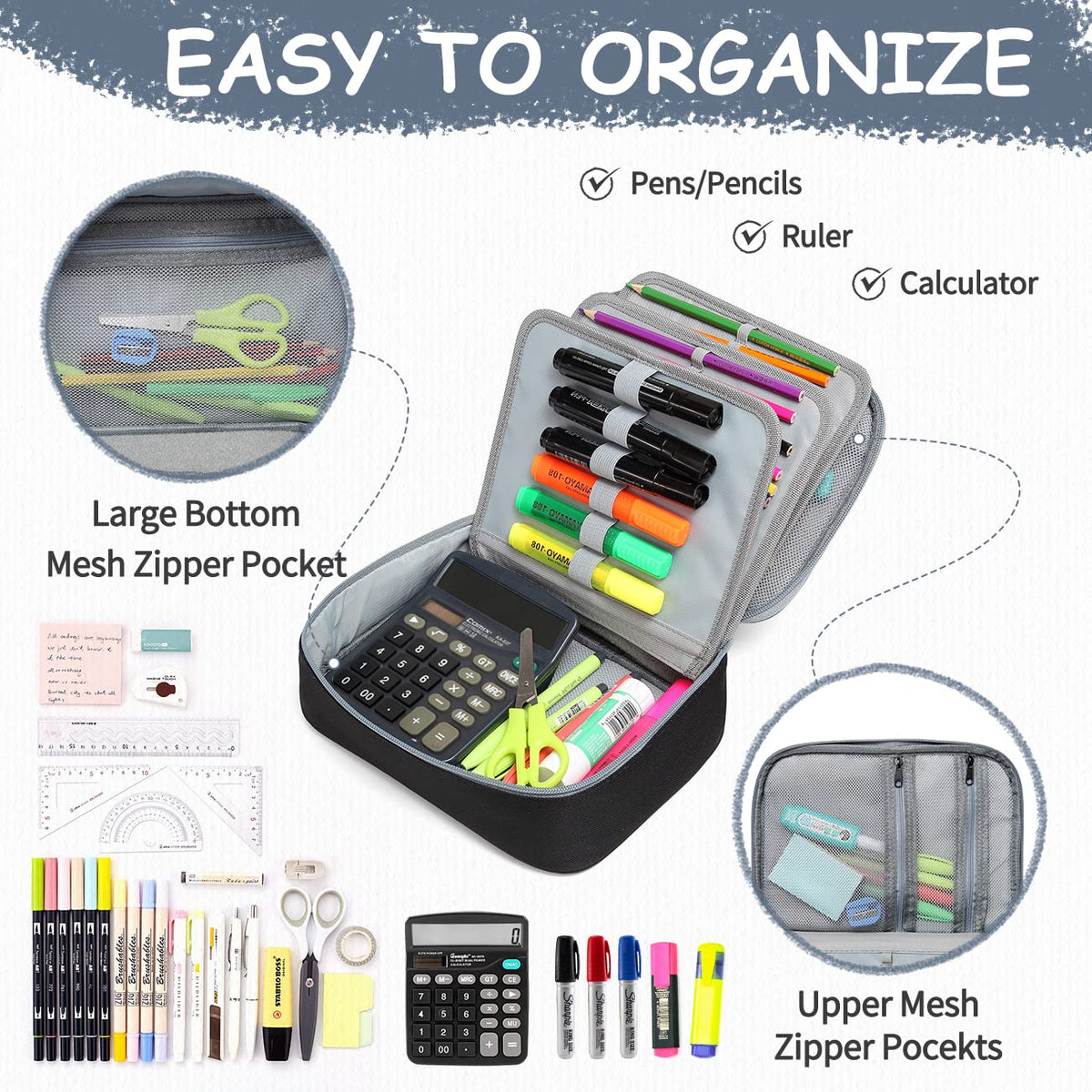 VASCHY Large Pencil Case, Art Color Pencils Pouch with Detachable Layers Multiple Zip Pockets for