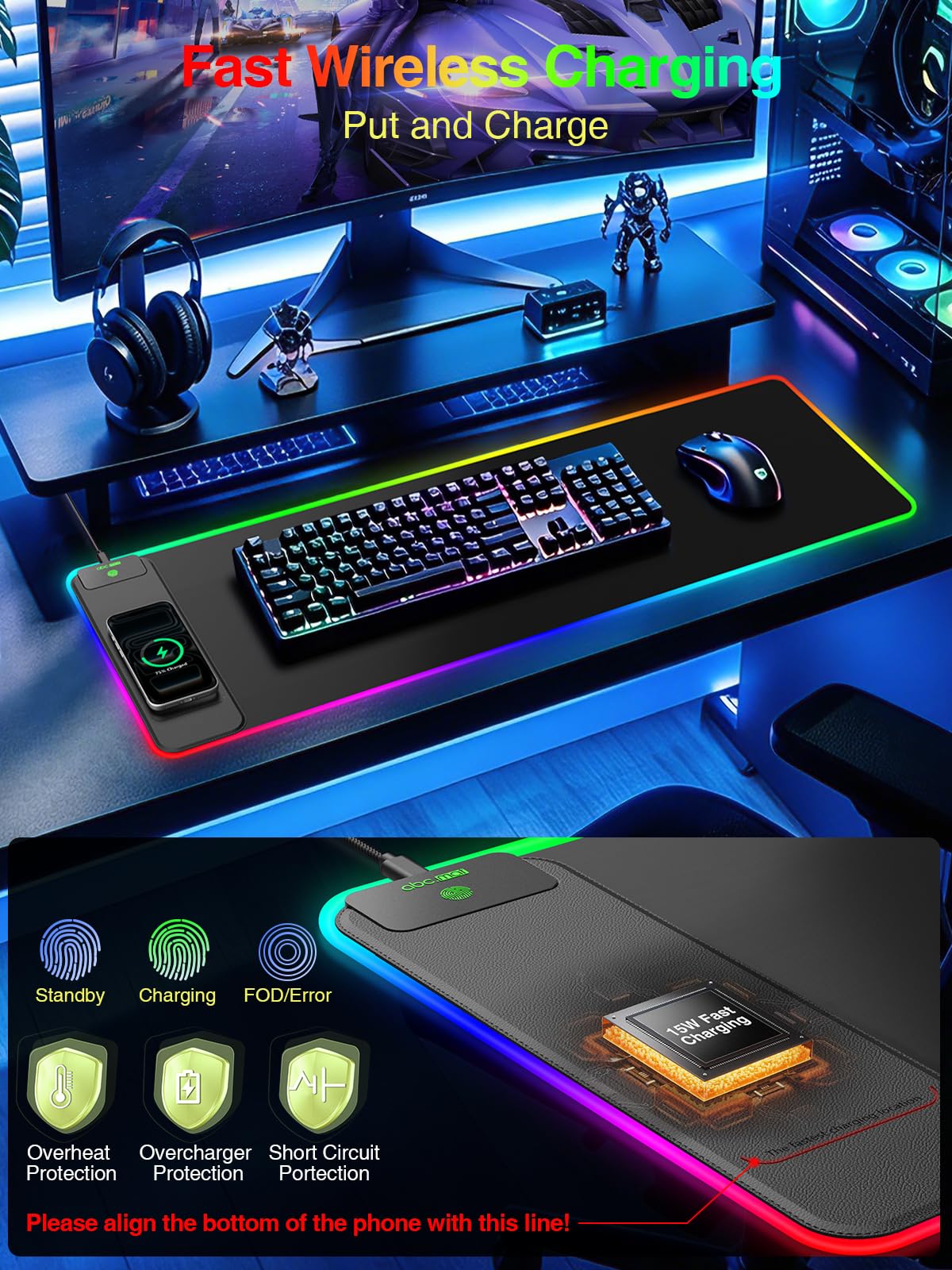 Wireless Charging Mouse Pad Gaming, 31.5"x11.8" Large Desk Mat, Waterproof