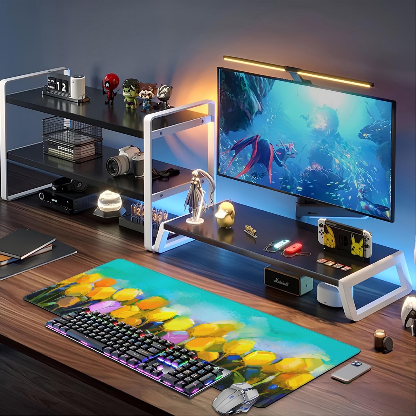 Tulips Flowers Desk Mat,Large Yellow and Violet Tulip Flowers Gaming Keyboard Mouse Pad,Non-Slip
