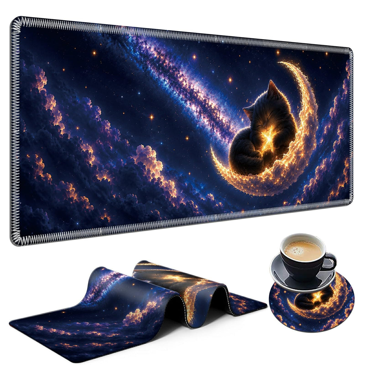 Crescent Dream Cat Large Mouse Pad, 31.5 x 11.8 in Extended Desk Mat