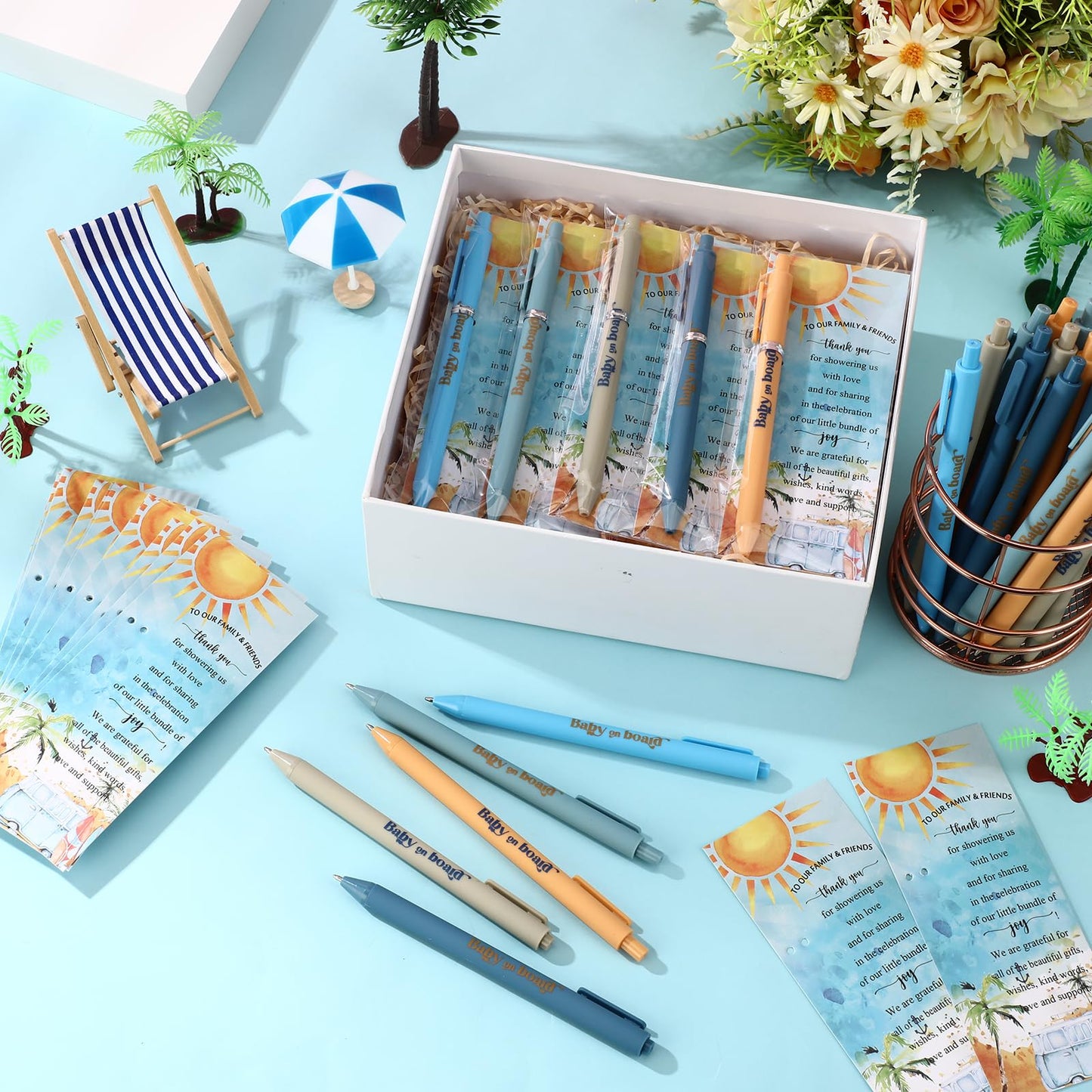 Engrowtic 50 Set Baby on Board Baby Shower Gifts Pens for Guests Funny Summer Beach Surfboard Party