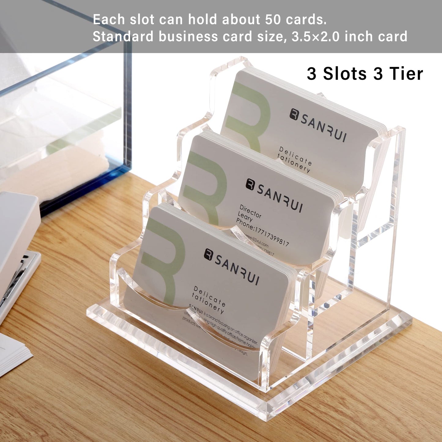 YUXUN Business Card Holder Display for Desk, Clear Acrylic Cards Organizer 3 Tier 3 Slots, Business