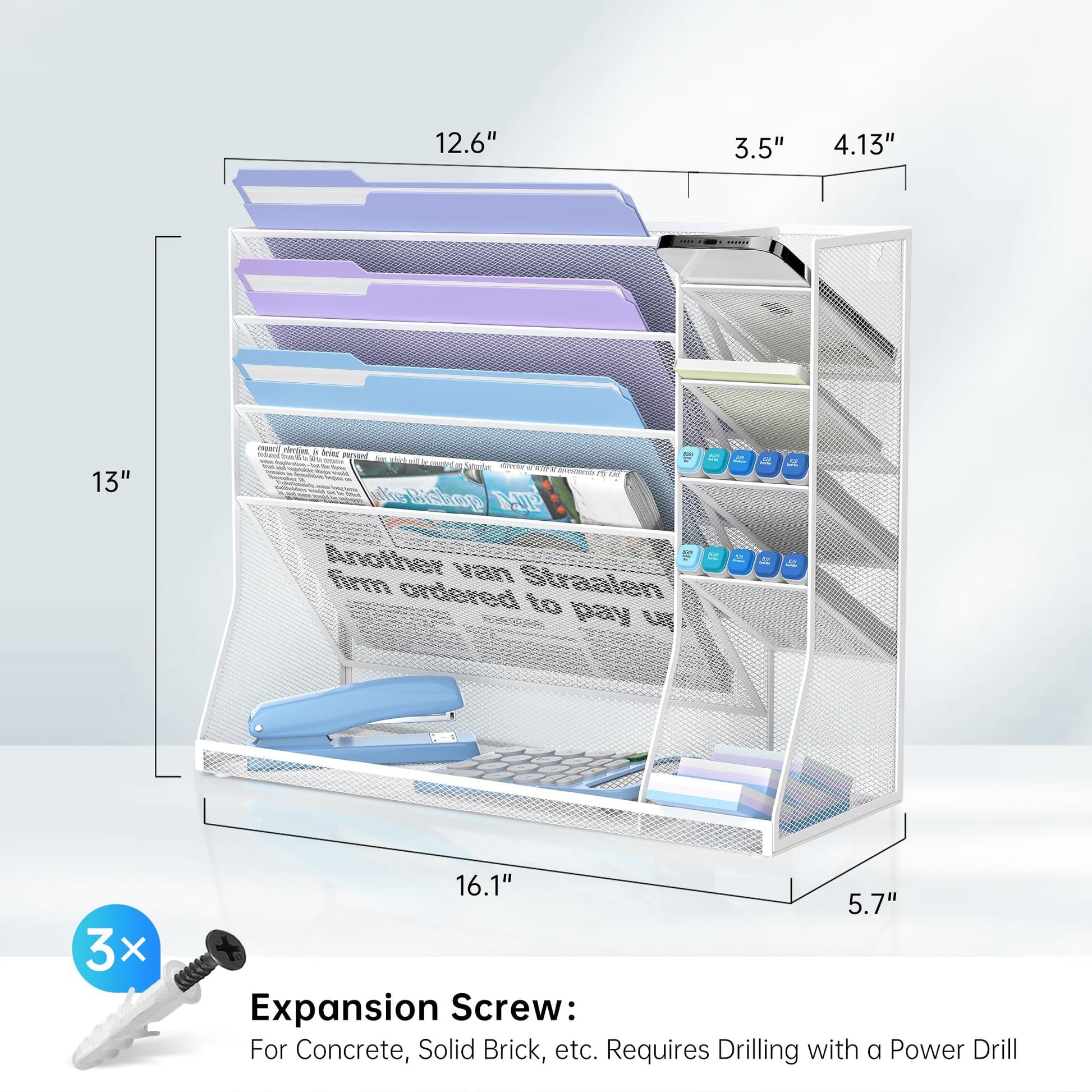 5-Tier Wall File Organizer and Wall File Holder with Bottom Tray, White