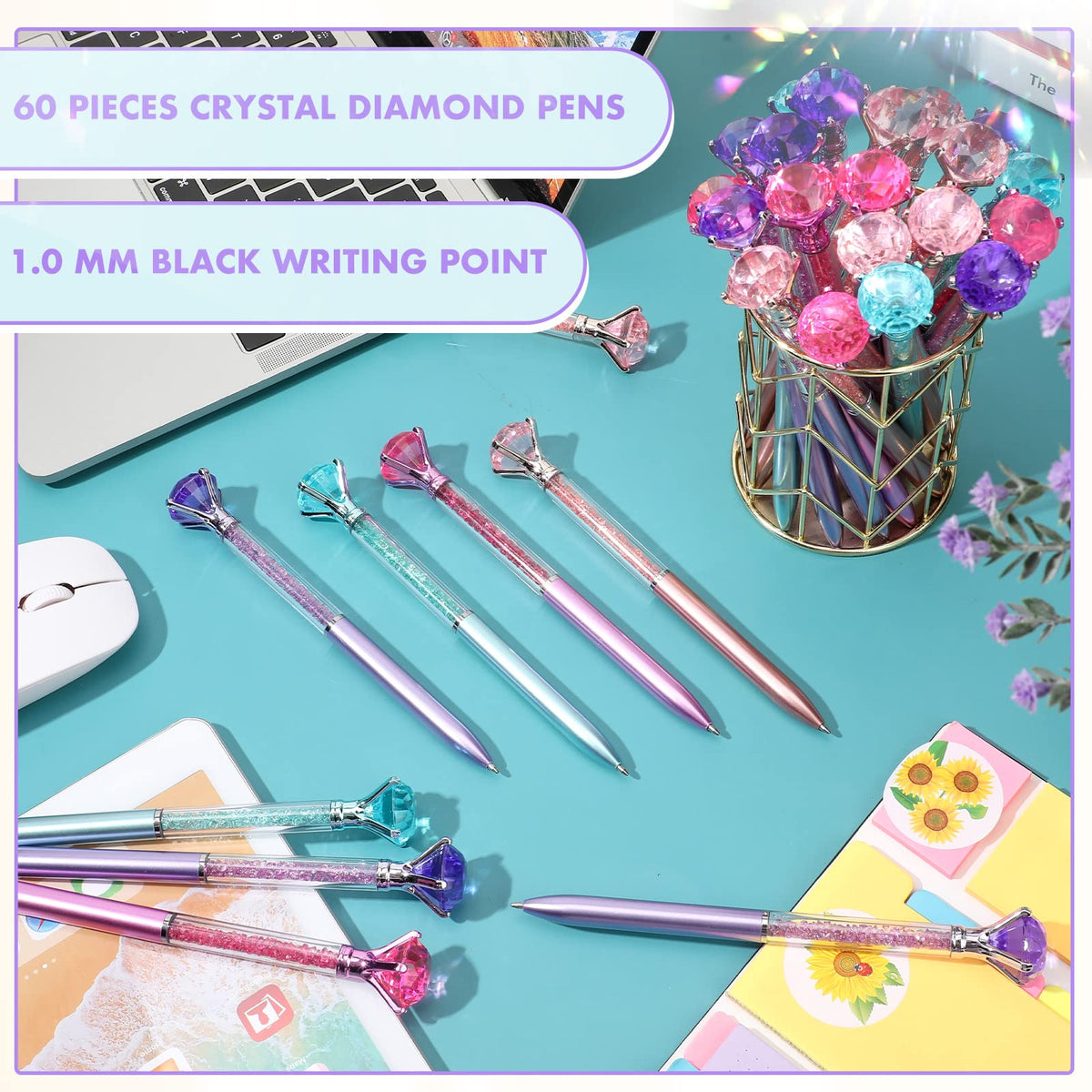 Zhehao 60 Pcs Diamond Pens Bulk Crystal Top, Rhinestone Pens, Classic Color