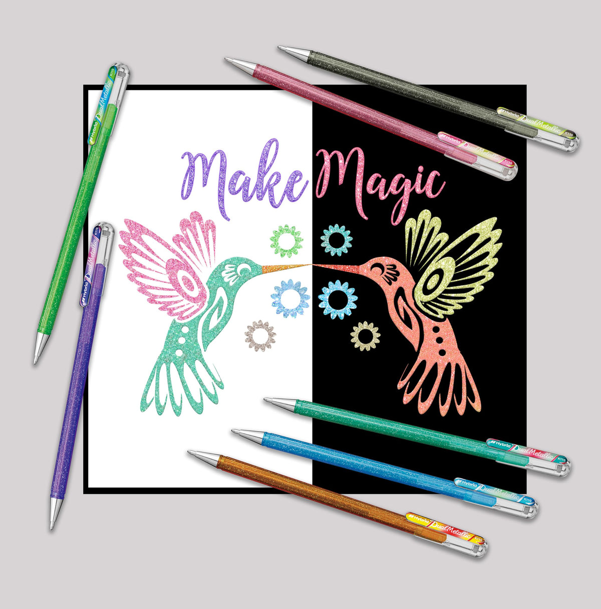 Pentel Hybrid Dual Metallic Gel Ink Rollerball Pens Pastel Metallic K110, Light Purple + Red &