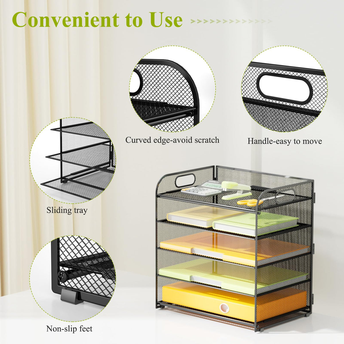 VIEERINN 5 Tier Paper Letter Tray Organizer with Handles, Mesh Desk File Organizer Metal Paper
