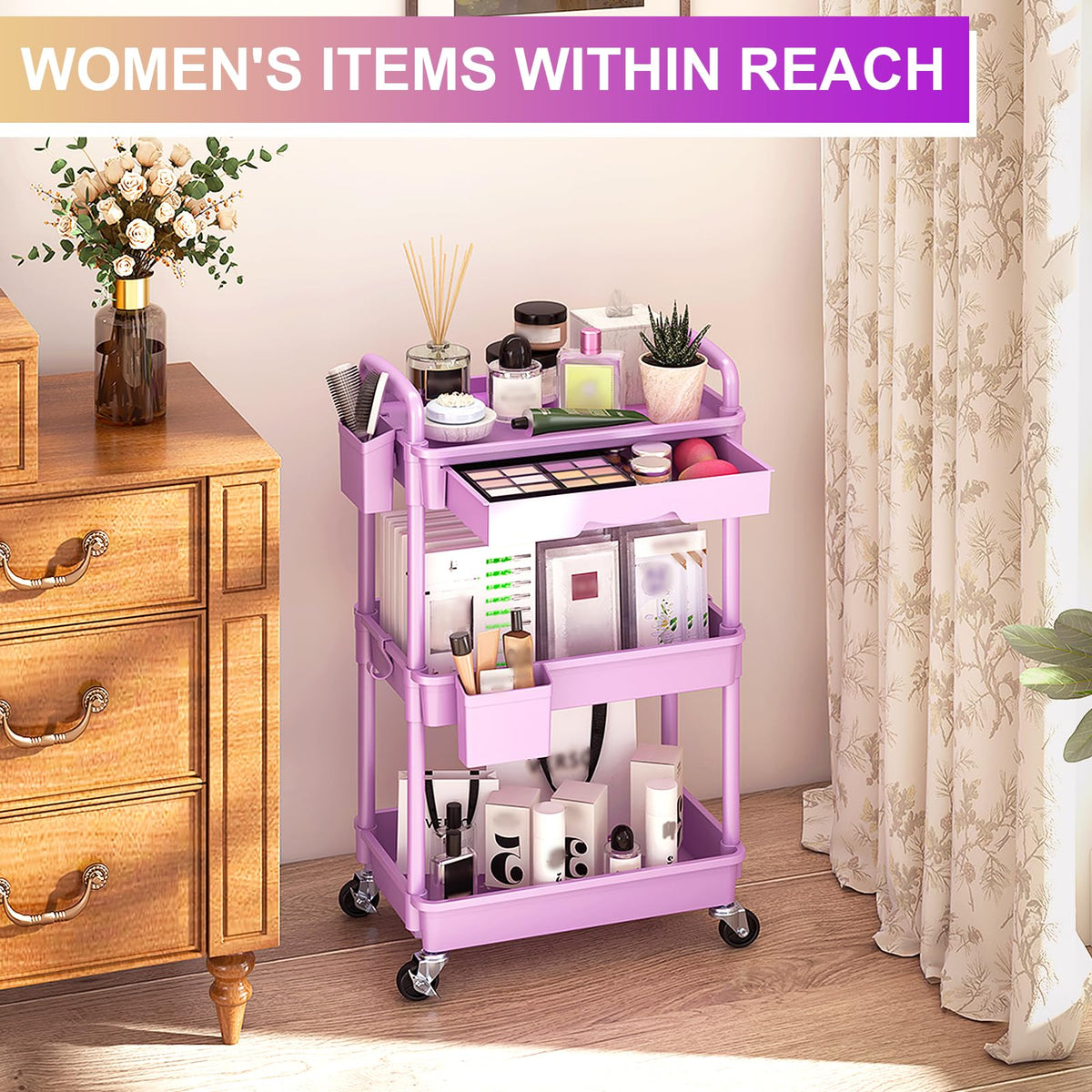 Goovilla 3 Tier Rolling Utility Cart Organizer with Removable Drawer,Purple