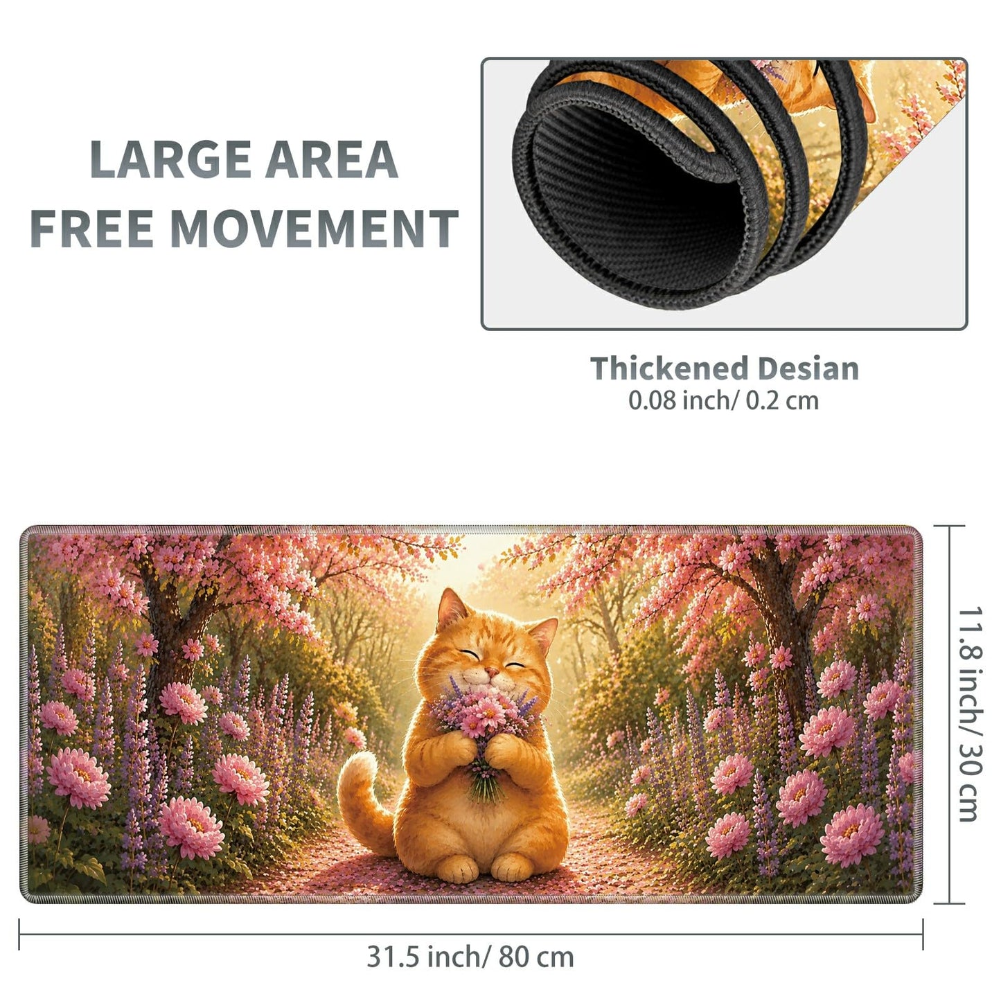 Garden Flower Cat Large Mouse Pad, 31.5 x 11.8 in Extended Desk Mat