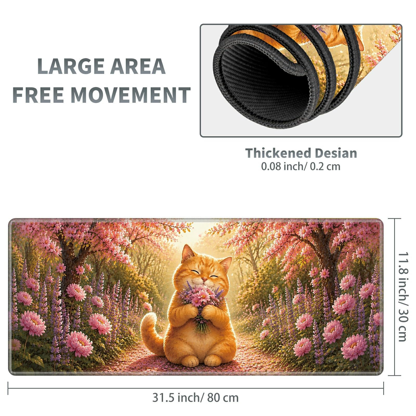 Garden Flower Cat Large Mouse Pad, 31.5 x 11.8 in Extended Desk Mat