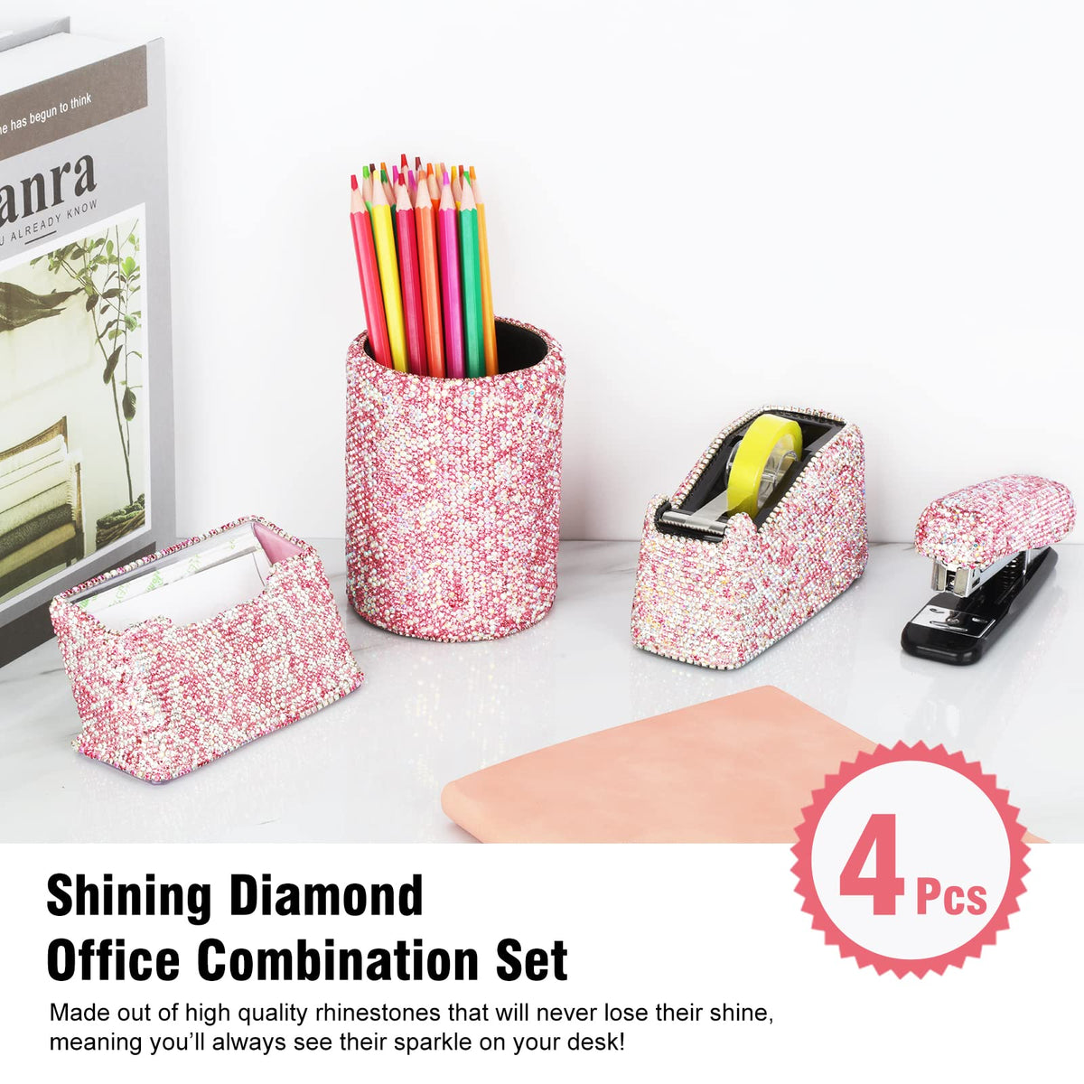 Bling Crystal Luxury Handmade Diamond Round Pencil Pen Pot Holder & Stapler & Card Holder & Desktop