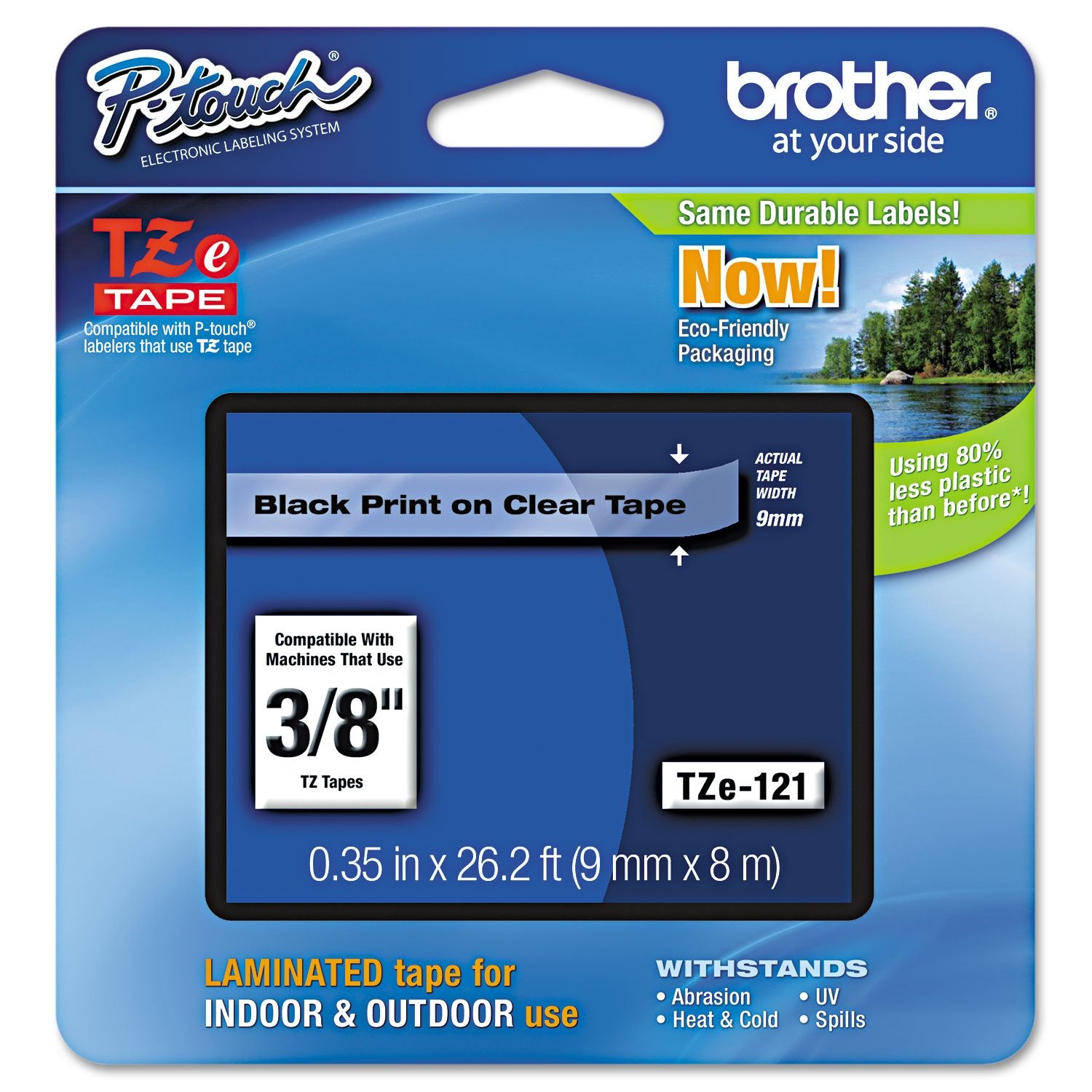 Brother Genuine P-Touch TZE-121 Tape, 9 mm (0.35") Standard Laminated P-Touch Tape, Black on Clear