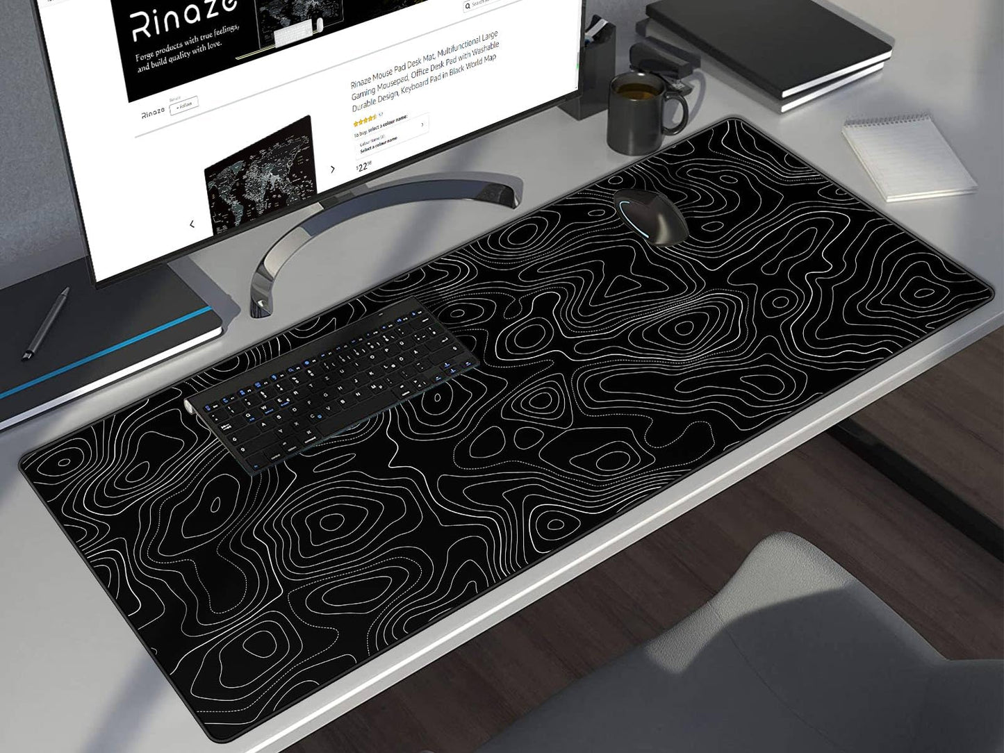 Rinaze Extra Large Gaming Mouse Pad with Black Topographic, XXL Mousepad, Big Mouse Mat Desk Pad