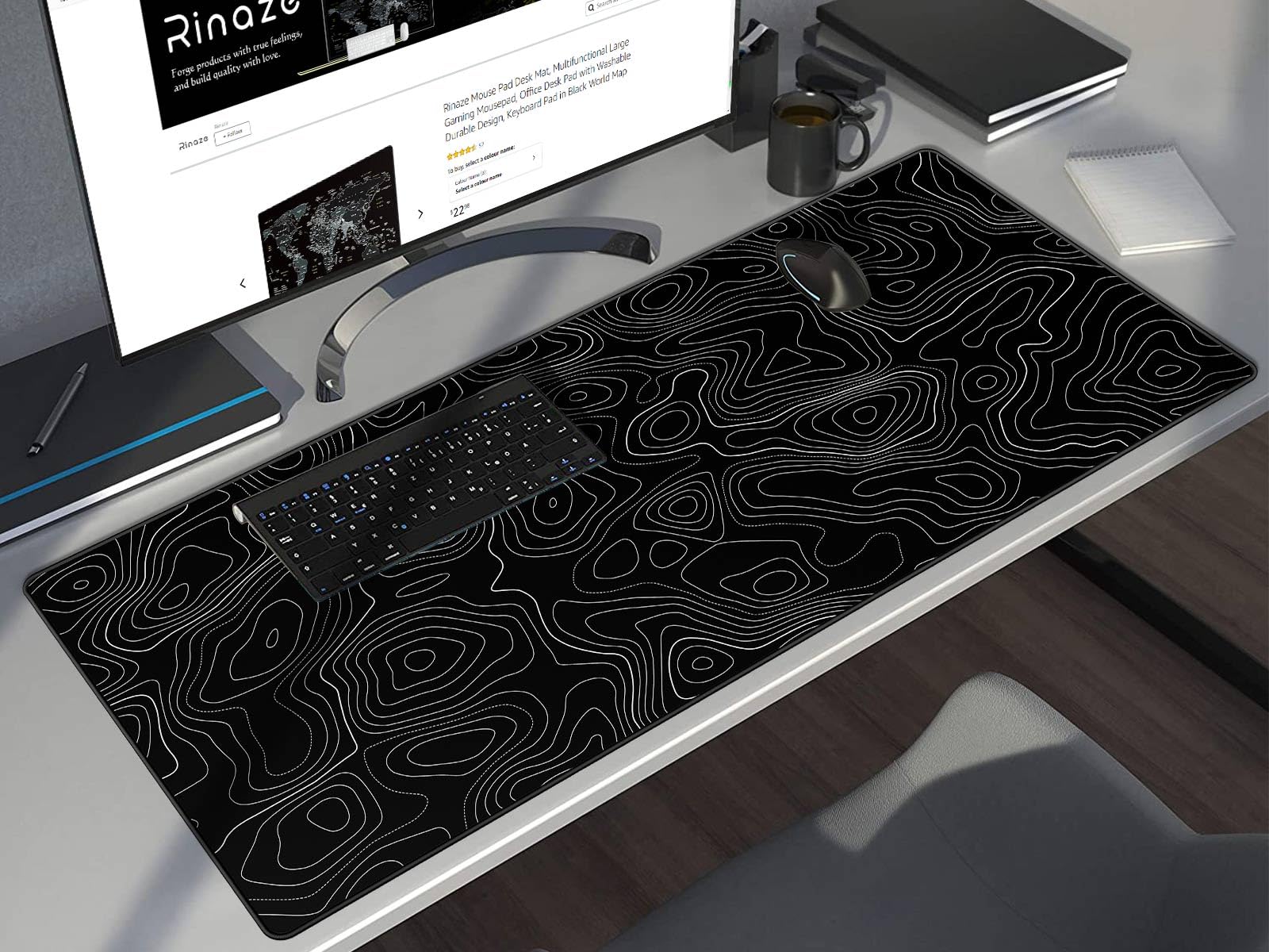 Rinaze Extra Large Gaming Mouse Pad with Black Topographic, XXL Mousepad, Big Mouse Mat Desk Pad
