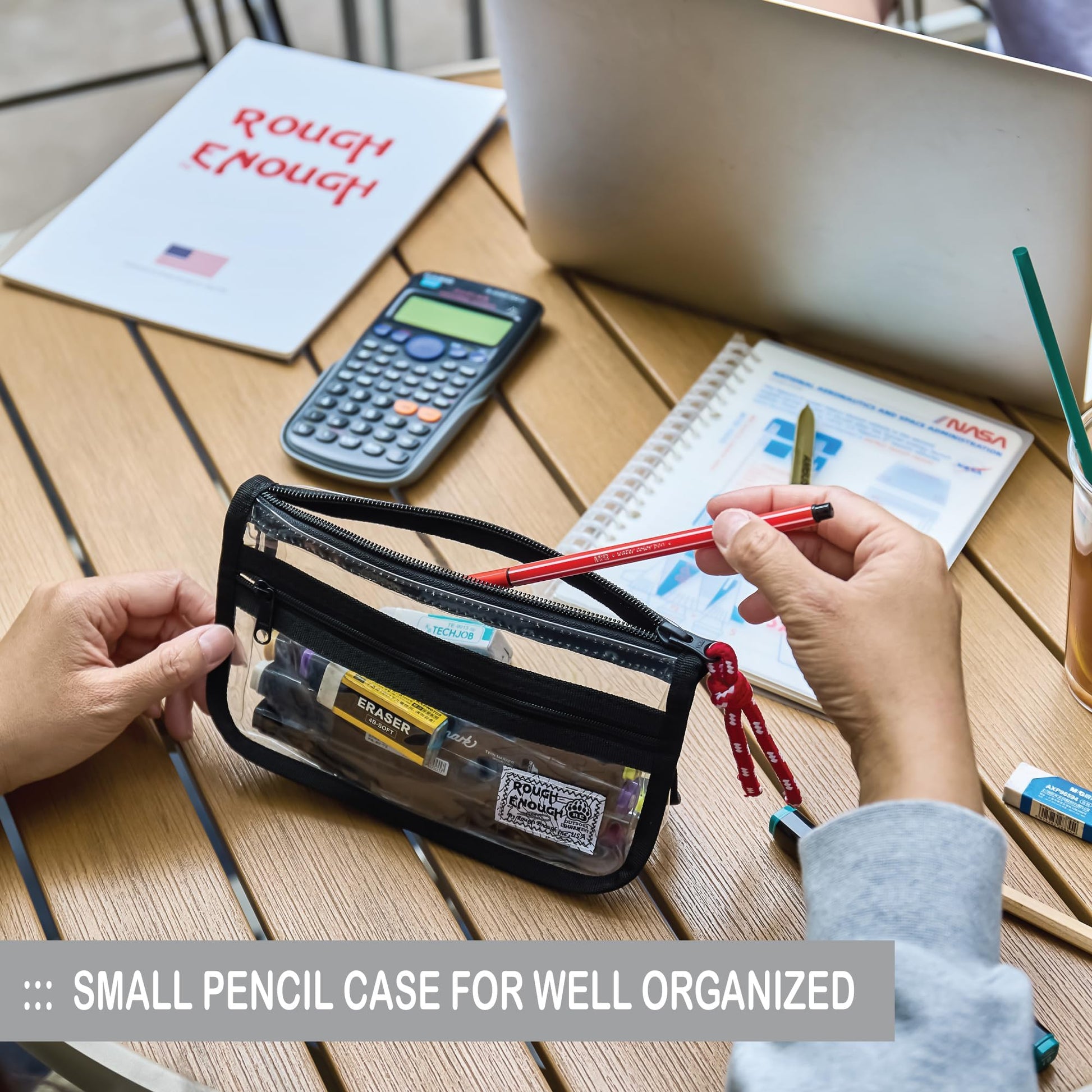 Rough Enough Clear Pencil Case for School, 60+ Pencils Capacity, Black