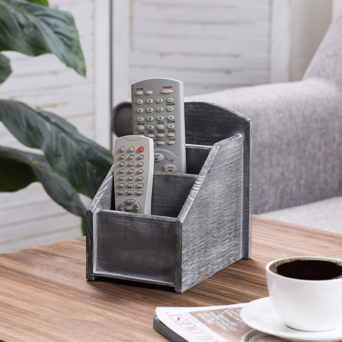 MyGift Graywashed Wood Remote Control Holder, 3-Compartment Desktop Caddy