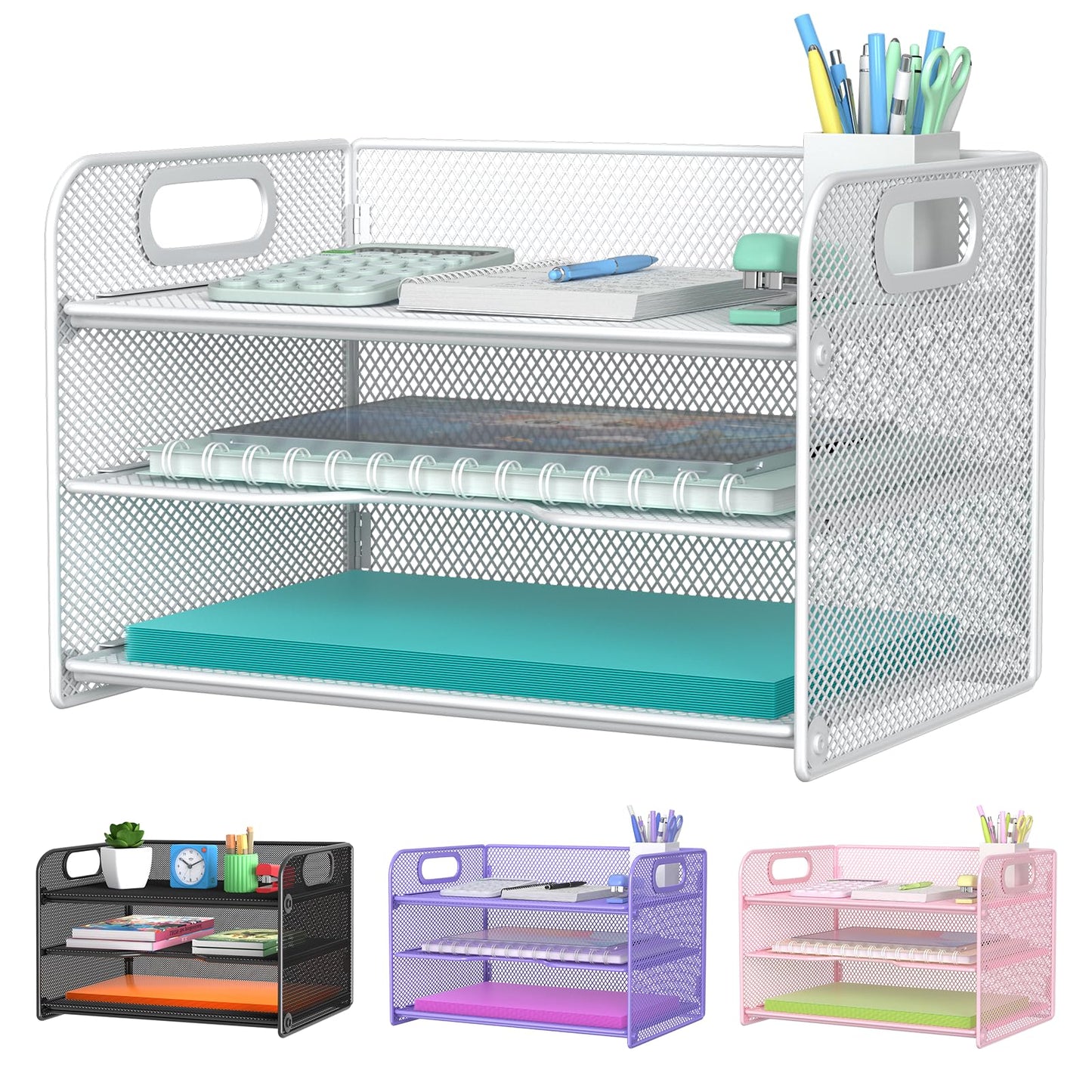 Samstar 3 Tier White Letter Tray Paper Organizer with Handle, Mesh Desk Organizer Paper Sorter File