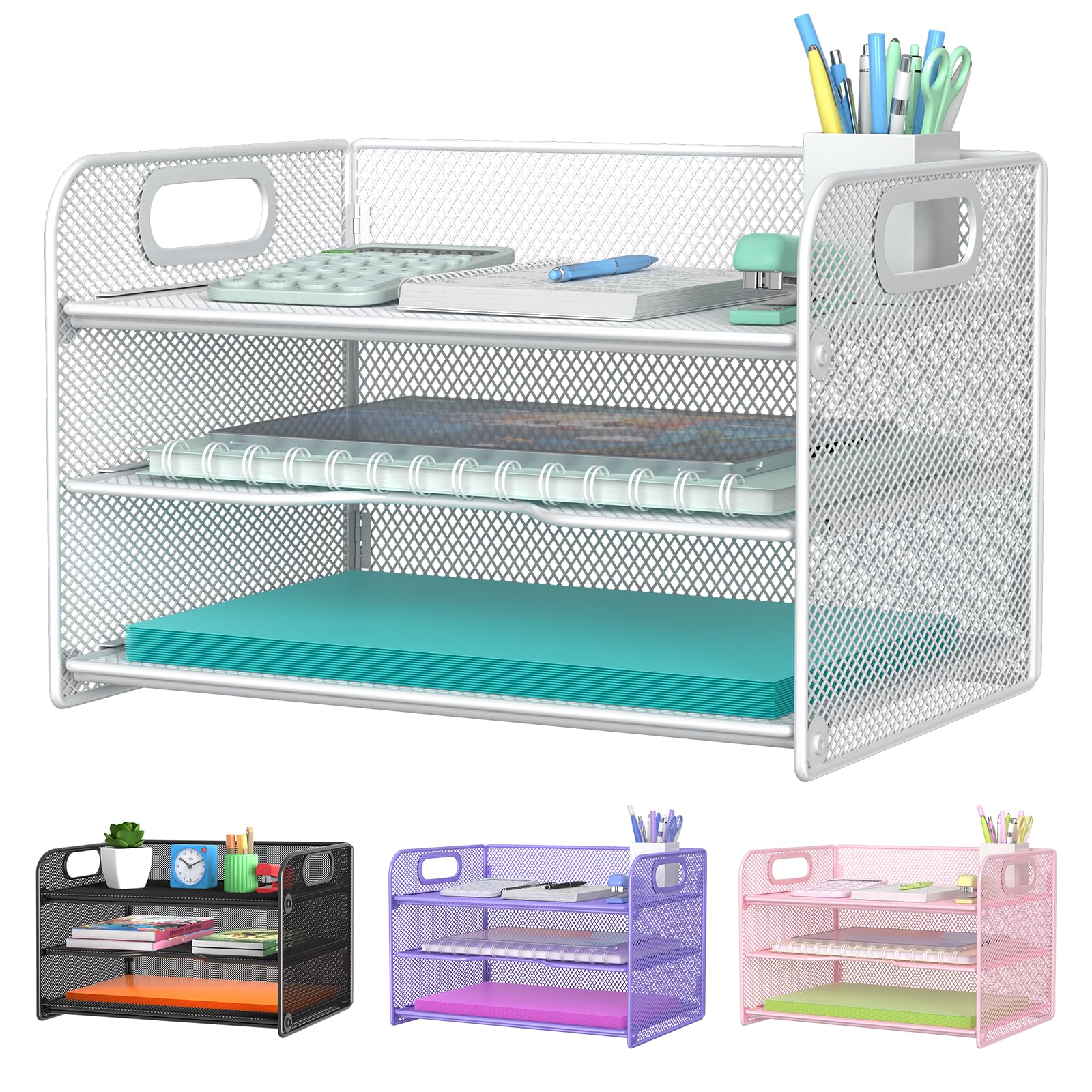 Samstar 3 Tier White Letter Tray Paper Organizer with Handle, Mesh Desk Organizer Paper Sorter File