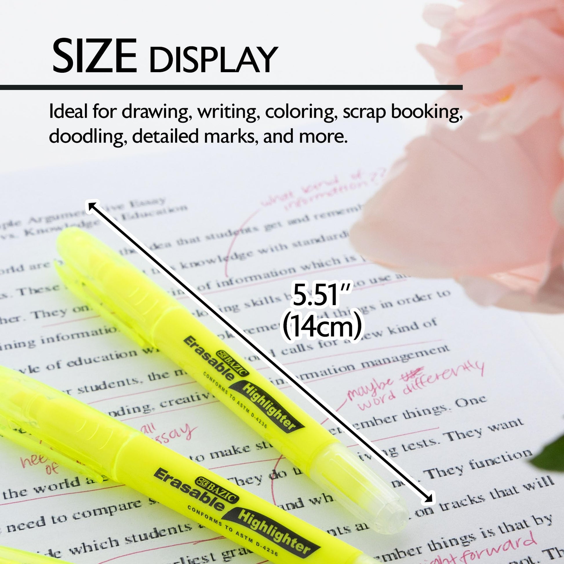 BAZIC PRODUCTS Yellow Erasable Highlighters, Eraser Tip, Chisel, 24-Box