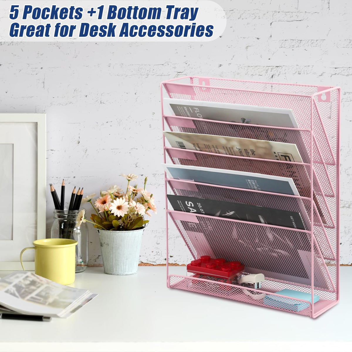 EASEPRES Desk File Organizer Mesh 6-Tier, Hanging Wall Mount Document Organization Stand, Desktop