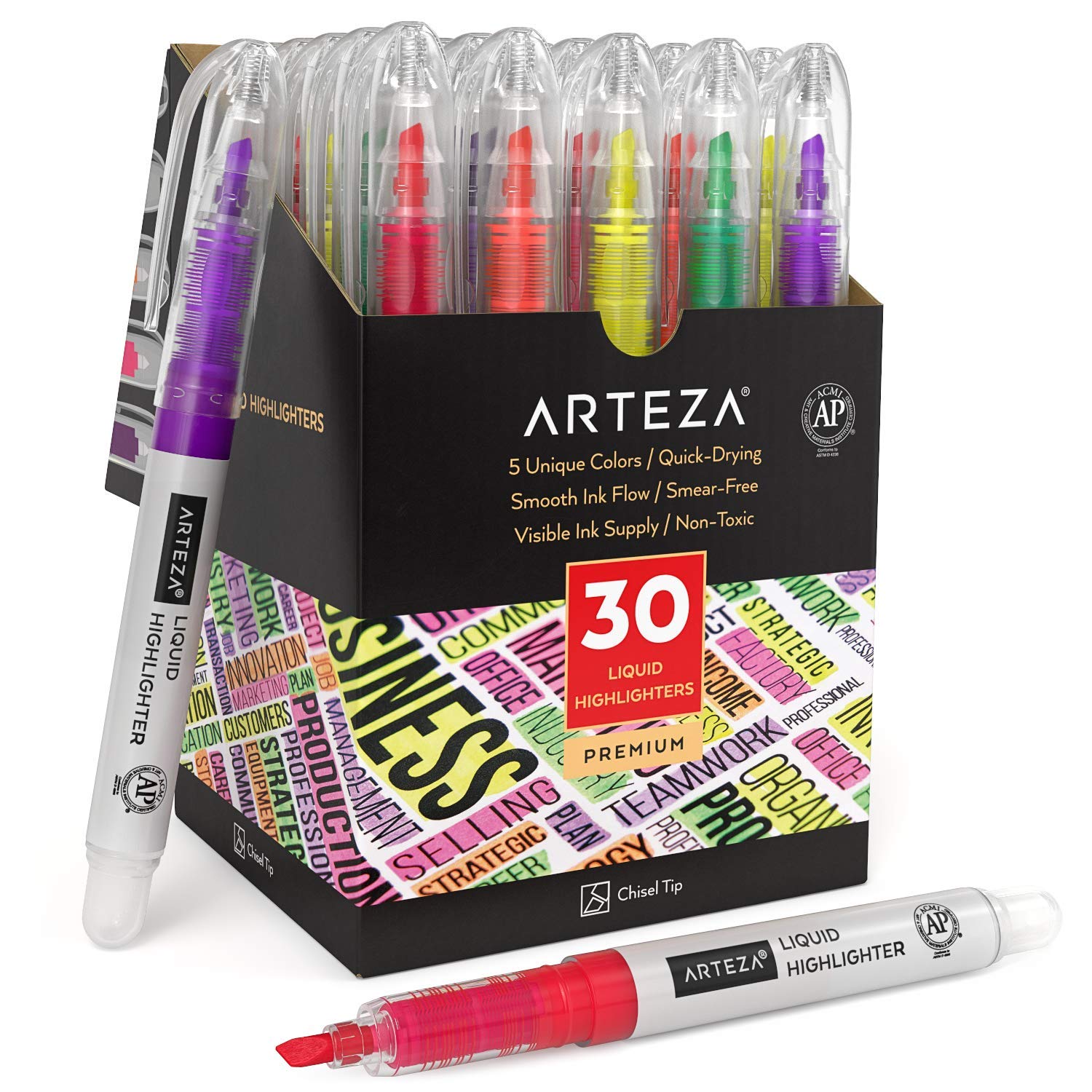ARTEZA Liquid Highlighter Pens, Set of 30, Narrow Chisel Tip, 5 Assorted Colors