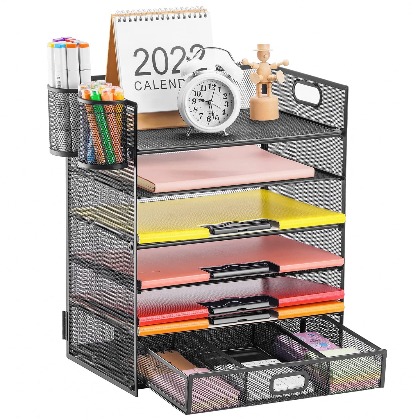Lavatino 6-Tier Paper Organizer Letter Tray with Drawer - Mesh Desk File Paper Office Supplies