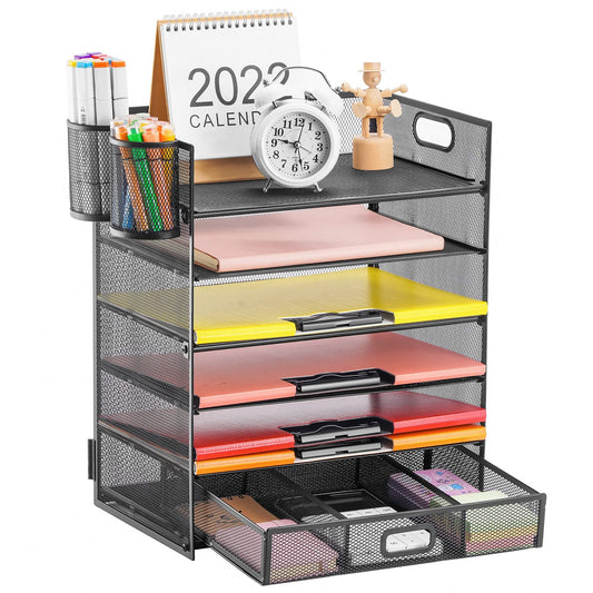 Lavatino 6-Tier Paper Organizer Letter Tray with Drawer - Mesh Desk File Paper Office Supplies