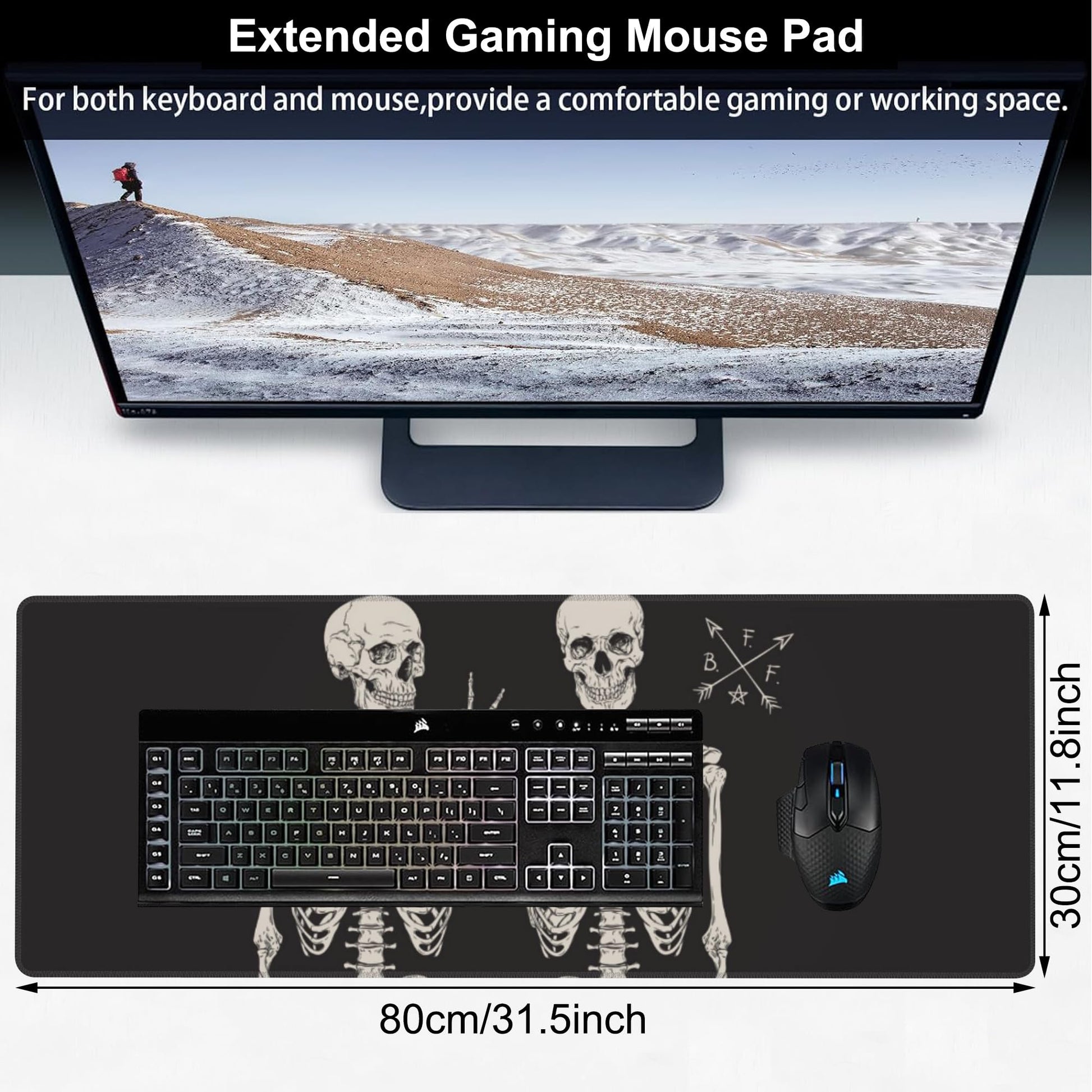 Human Skeletons Best Friends Desk Mat,Large Gothic Human Skeleton Gaming Keyboard Mouse