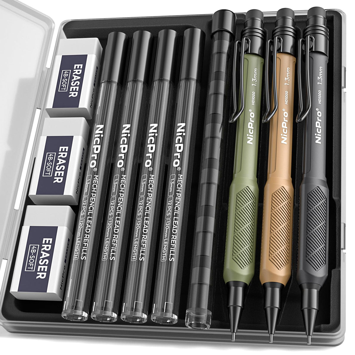 Nicpro 1.3 mm Mechanical Pencils Set 3 Colors, HD1000 1.3 Lead Pencil, 3Pcs