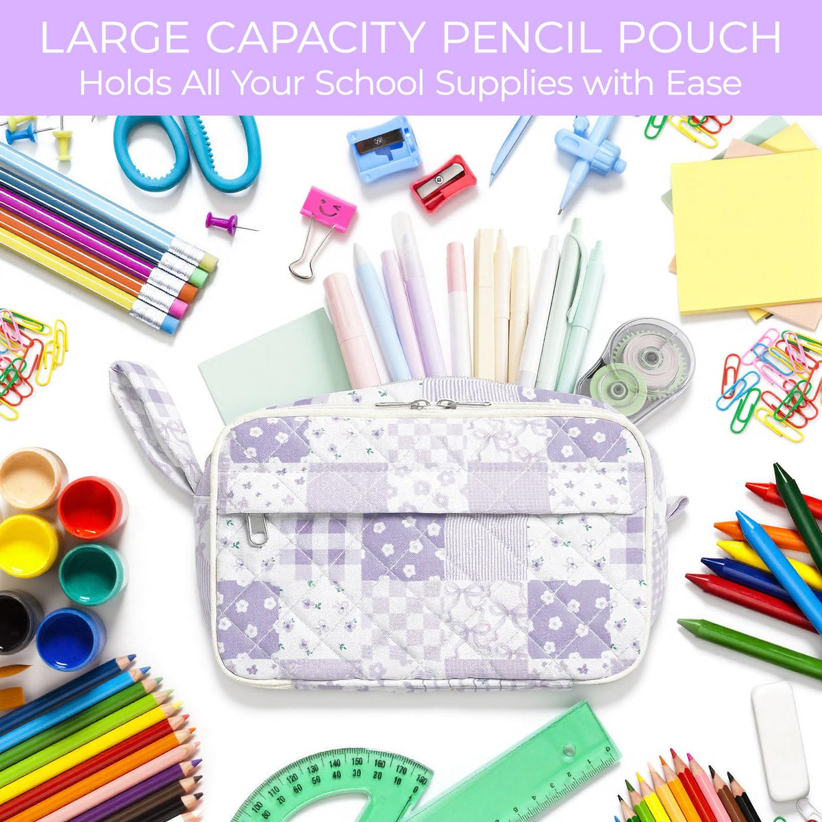 WOBAGMEN Quilted Pencil Pouch for Girls Women, Large Pencil Case Pouch with Compartments Cute