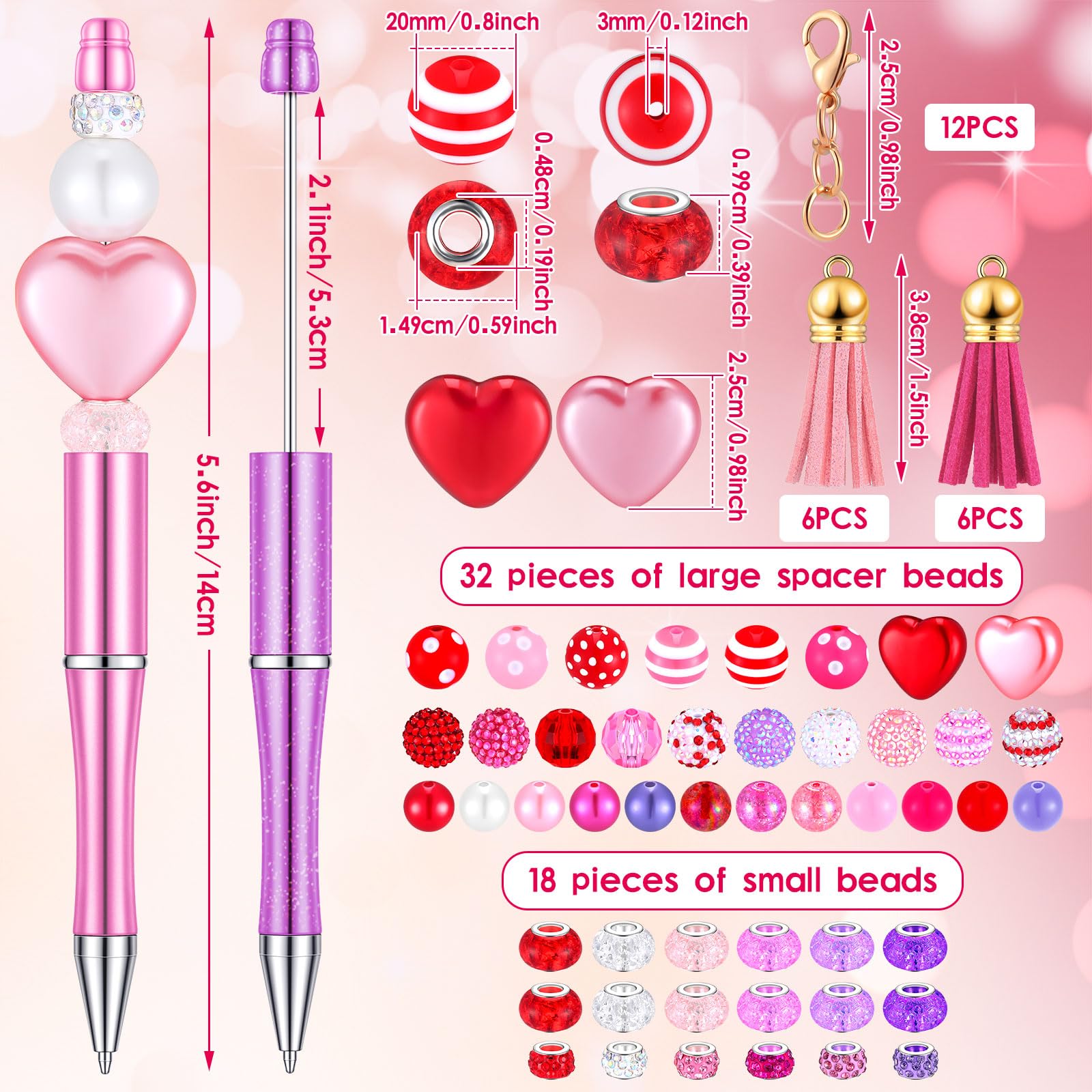 Tinlade 12 Beadable Pens Bulk with 50 Beads Multicolor DIY, Classic Style
