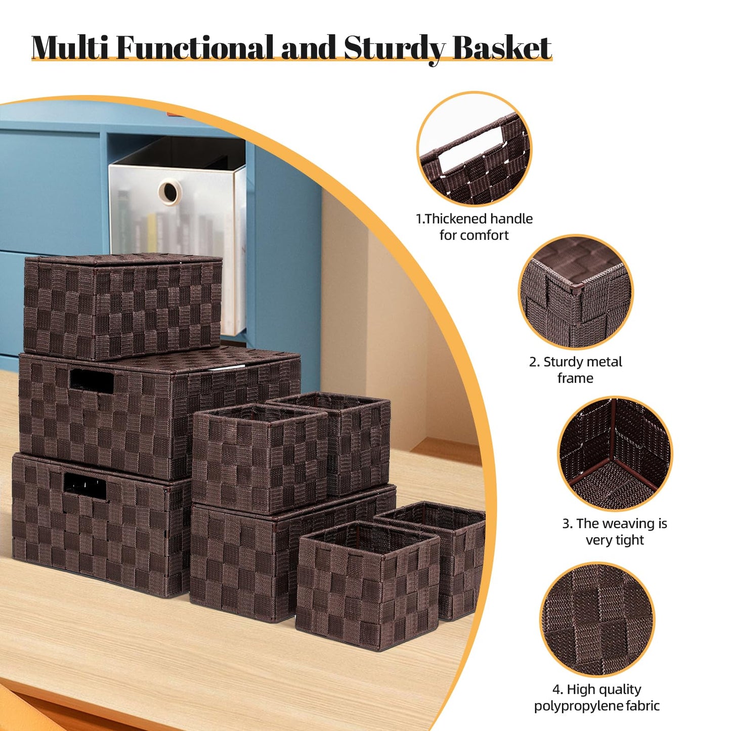 ArcaGuru Woven Polypropylene Basket Set of 8, Woven Storage Basket, Woven Basket Organizer for