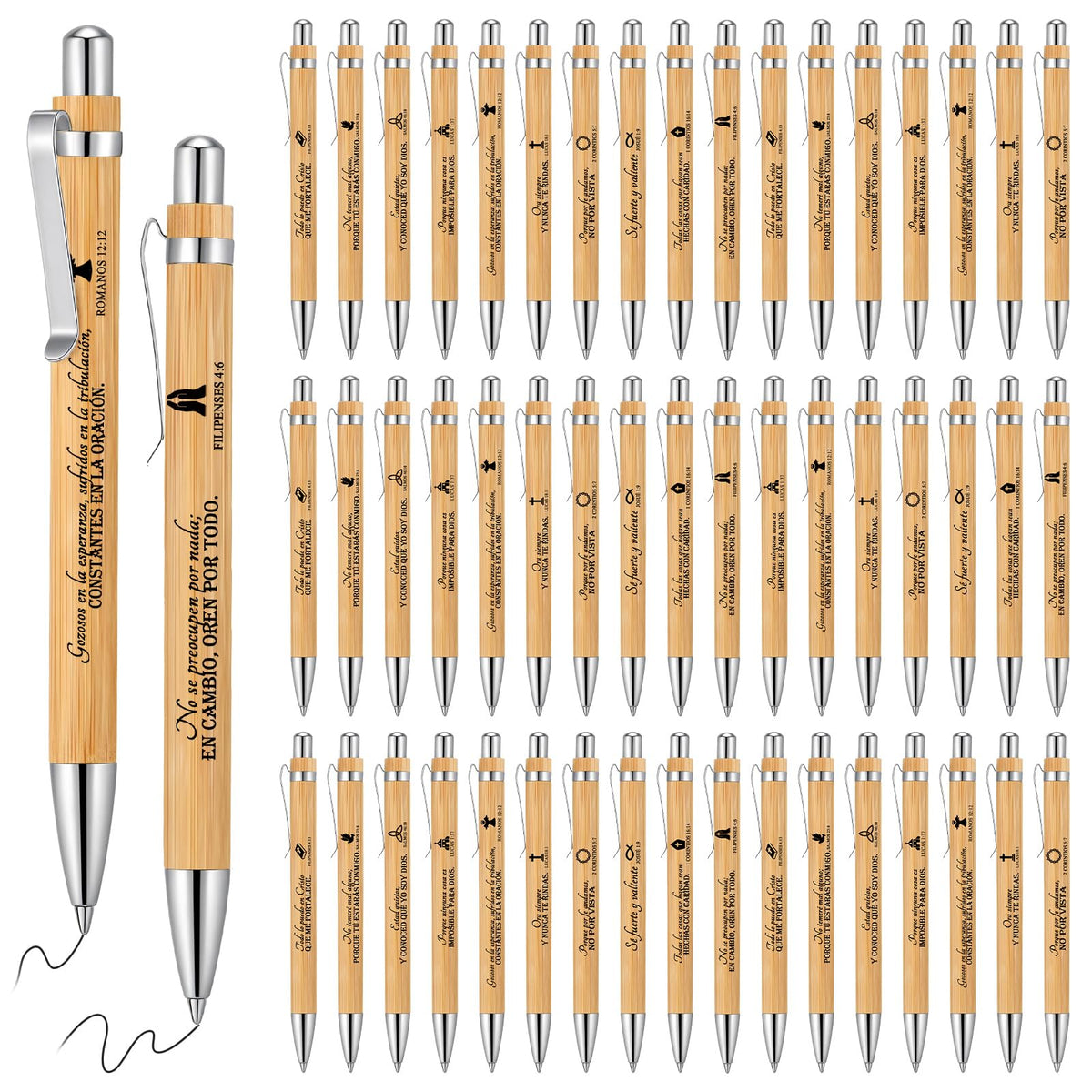 Fumete 50 Pcs Bible Verse Bamboo Pens Bulk, Natural, Spanish