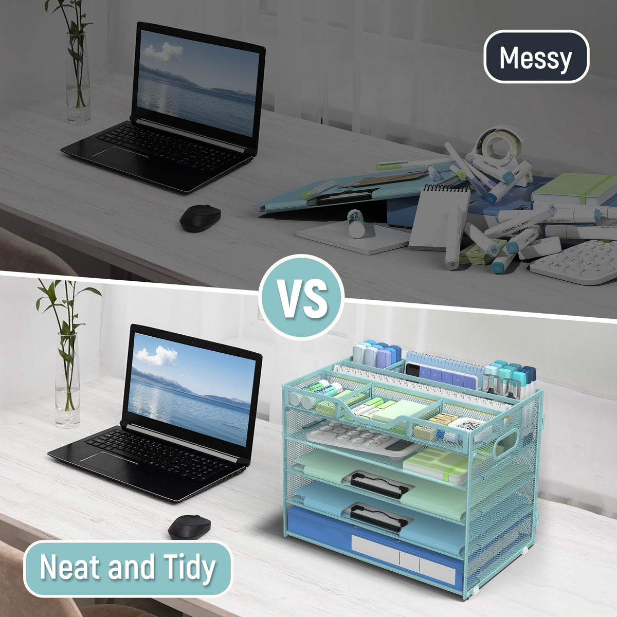 Docnest 5 Tier Mesh Desk Organizer with Removable Tray&Pen Holder, Blue
