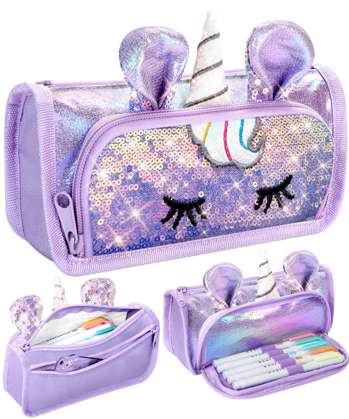 LISEVO Cute Pencil Case, 3D Pencil Pouch for Girls Kids, Sparkly Pencil Bag with Sequins for