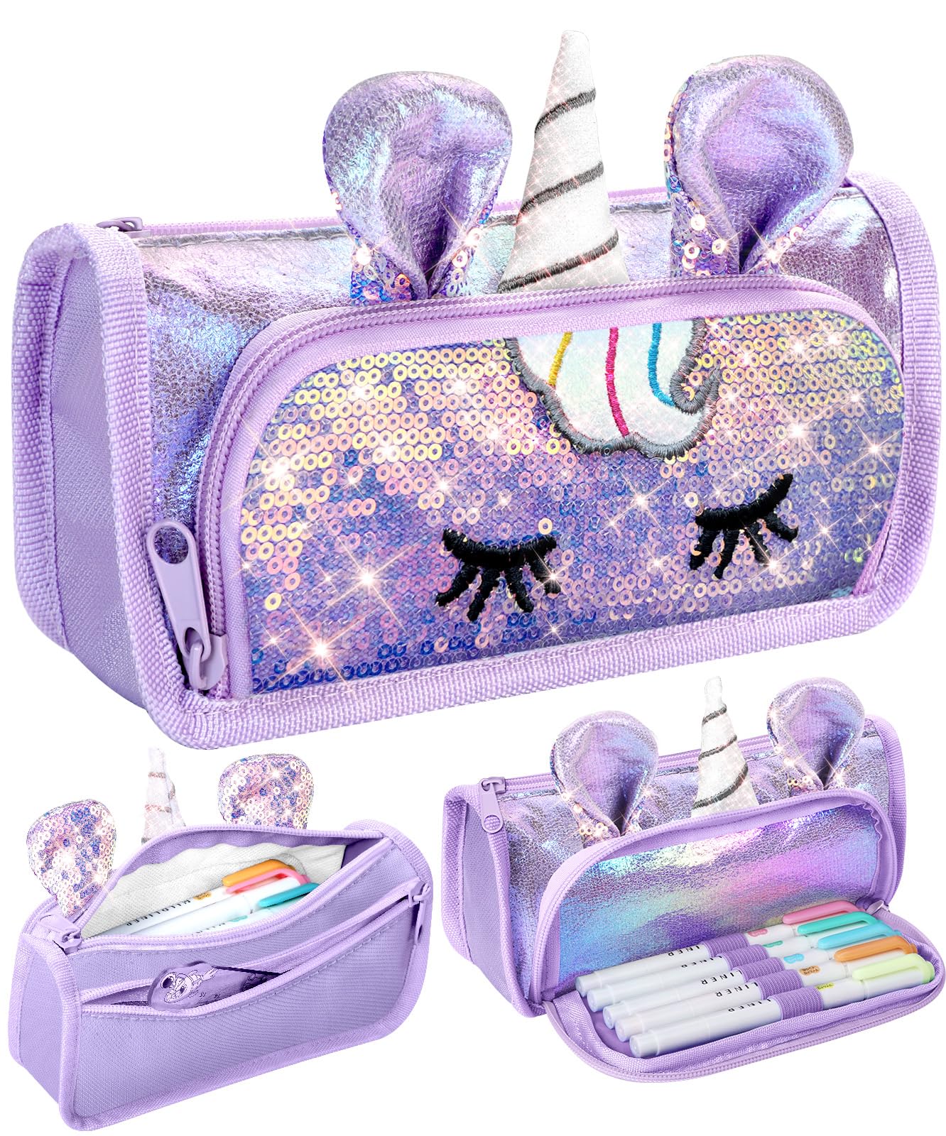 LISEVO Cute Pencil Case, 3D Pencil Pouch for Girls Kids, Sparkly Pencil Bag with Sequins for
