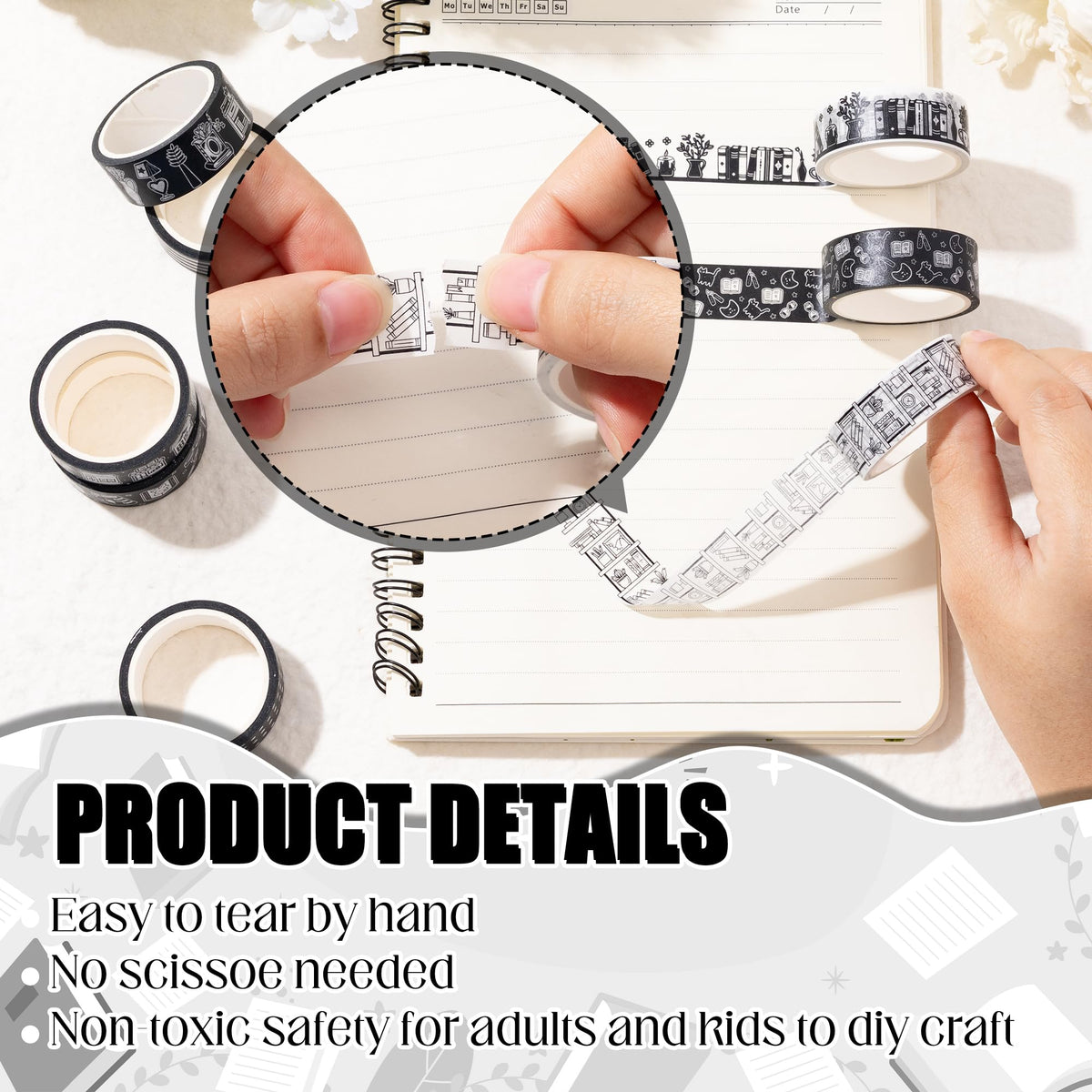 BkeeCten12 Rolls Black White Reading Book Library Theme Designs Washi Tape